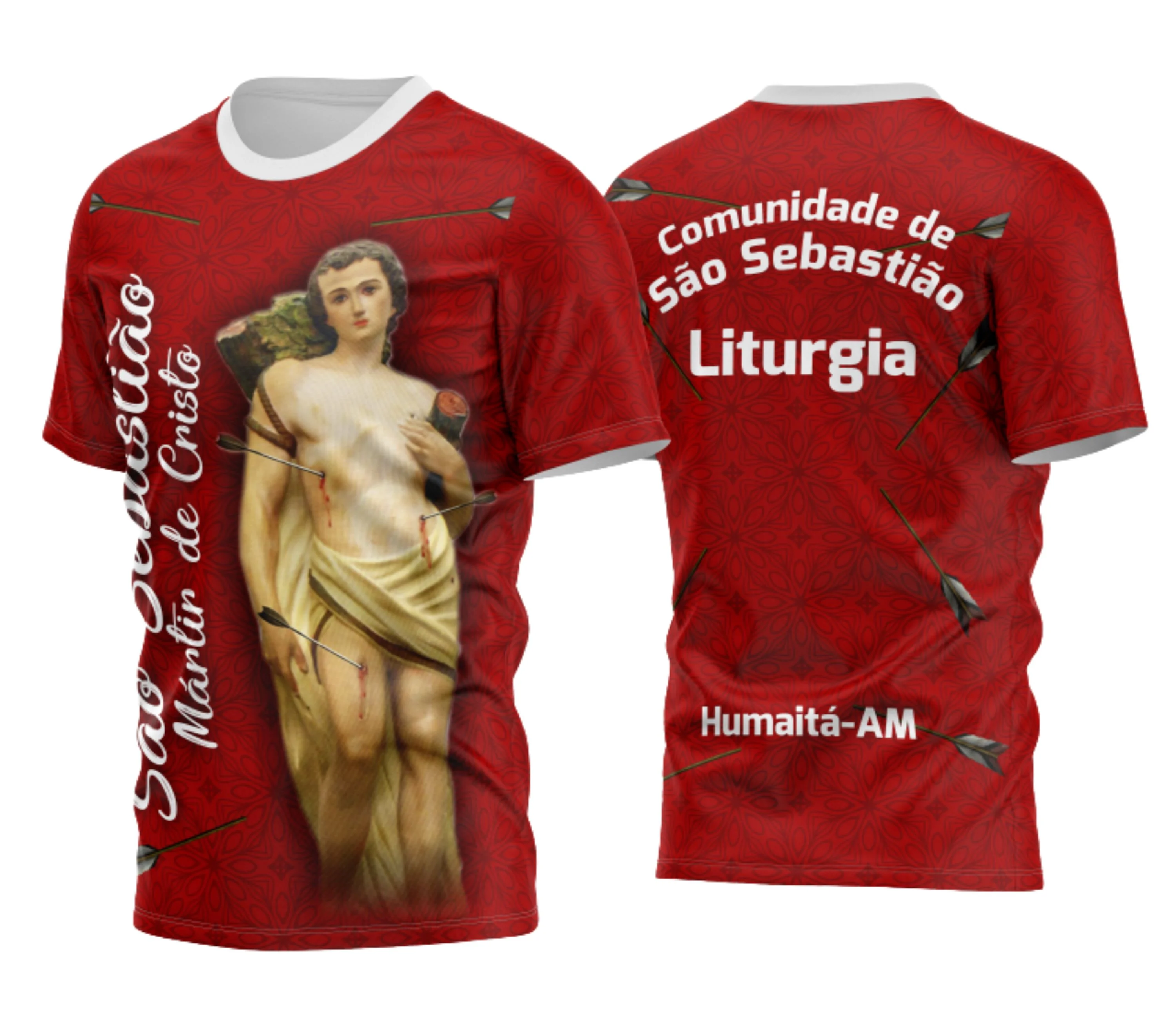 Camisa com logo no peito e estampa grande nas costas, apresentando uma arte religiosa de São Sebastião em detalhes que destacam sua figura emblemática com cores vibrantes e design impactante.