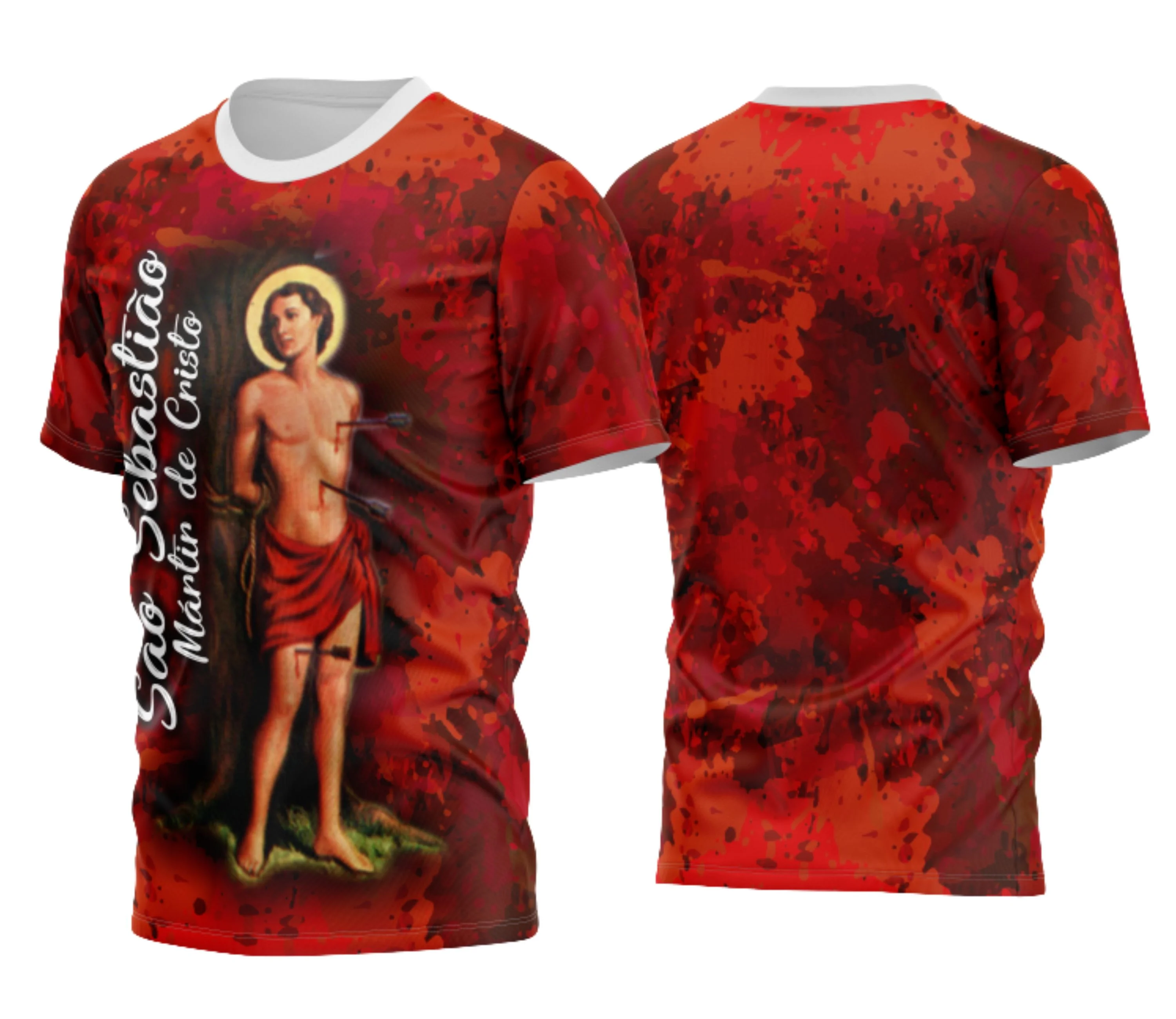 Camisa com logo no peito representando São Sebastião e estampa grande nas costas detalhada com símbolos religiosos em tons sóbrios e estilo moderno.