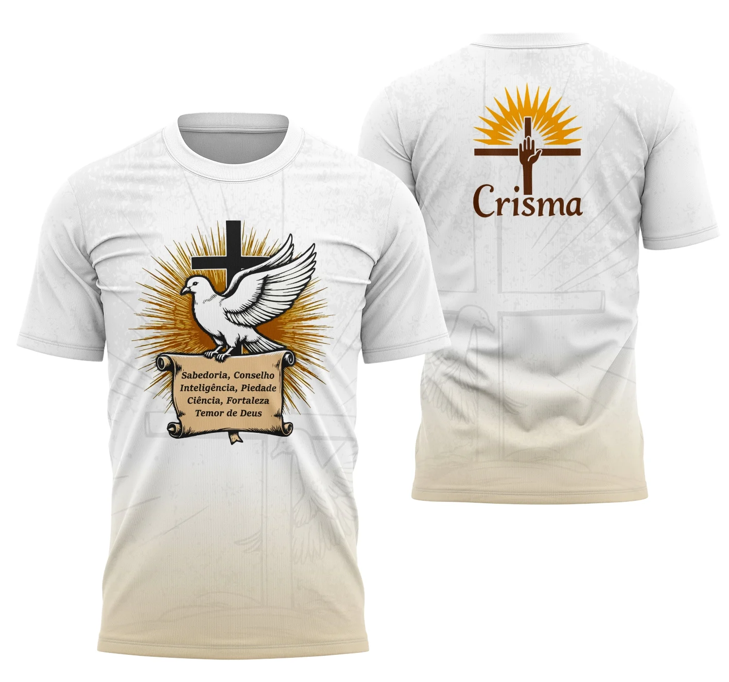 Foto de camisa com logo no peito e estampa grande nas costas, exibindo design religioso com símbolos de crisma que trazem significado e estilo para momentos especiais de fé.