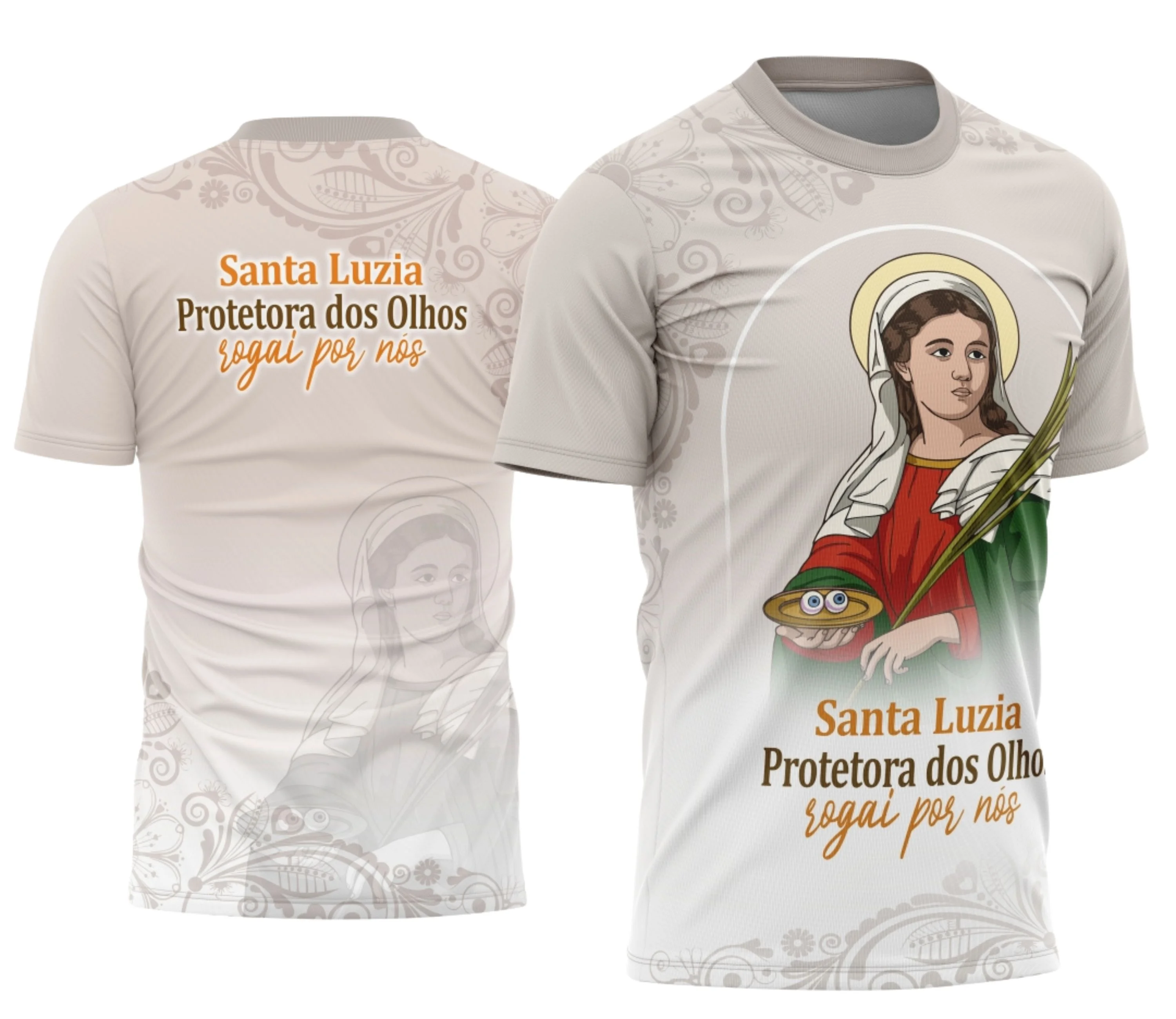 Camisa com logo no peito discreto e estampa grande nas costas representando Santa Luzia com detalhes religiosos, destacando fé e proteção em um design impactante e cheio de personalidade.