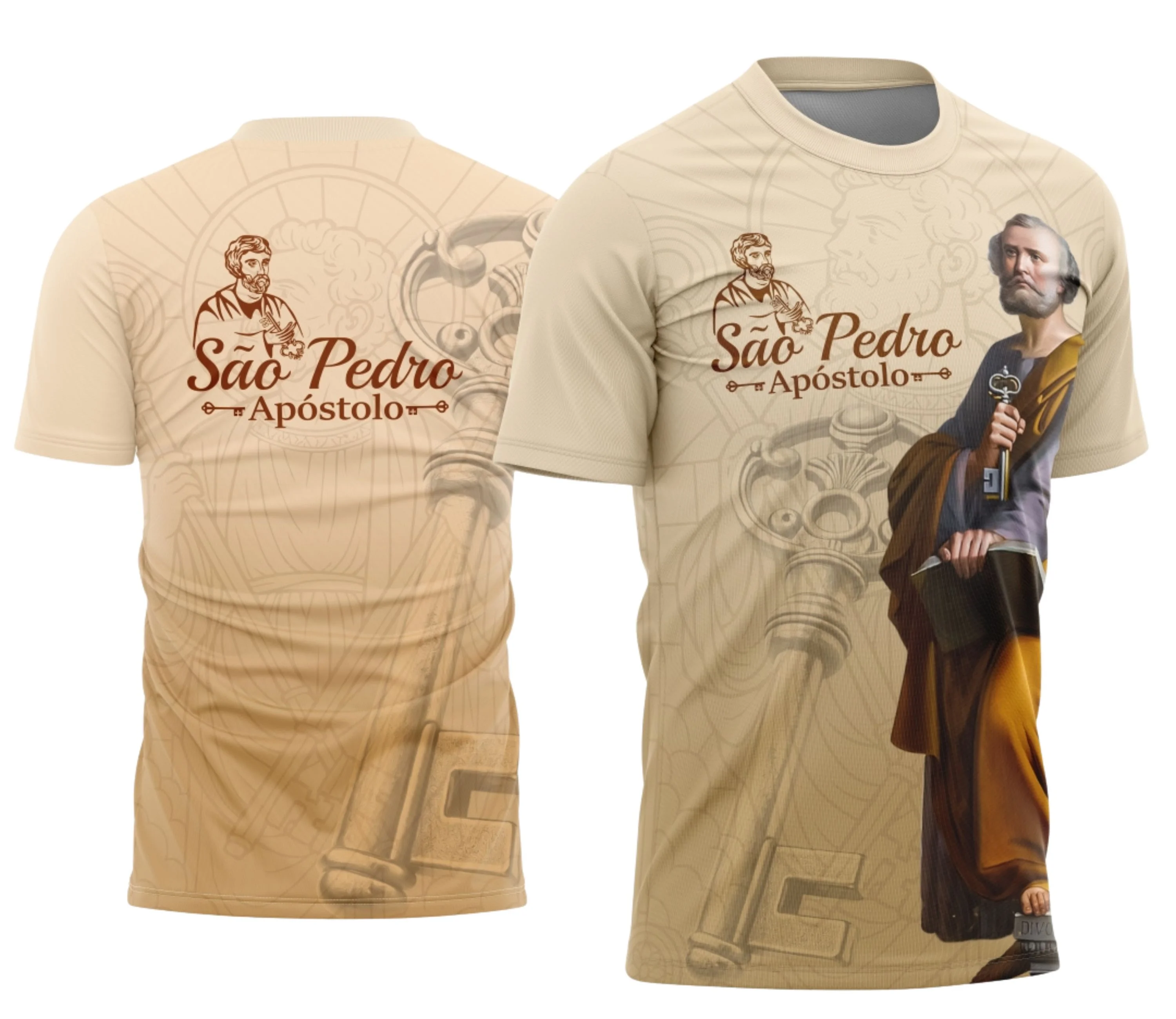 Camisa com logo destacado no peito e estampa grande nas costas retratando São Pedro Apóstolo, ideal para quem valoriza a fé e o estilo em uma peça marcante e cheia de significado.