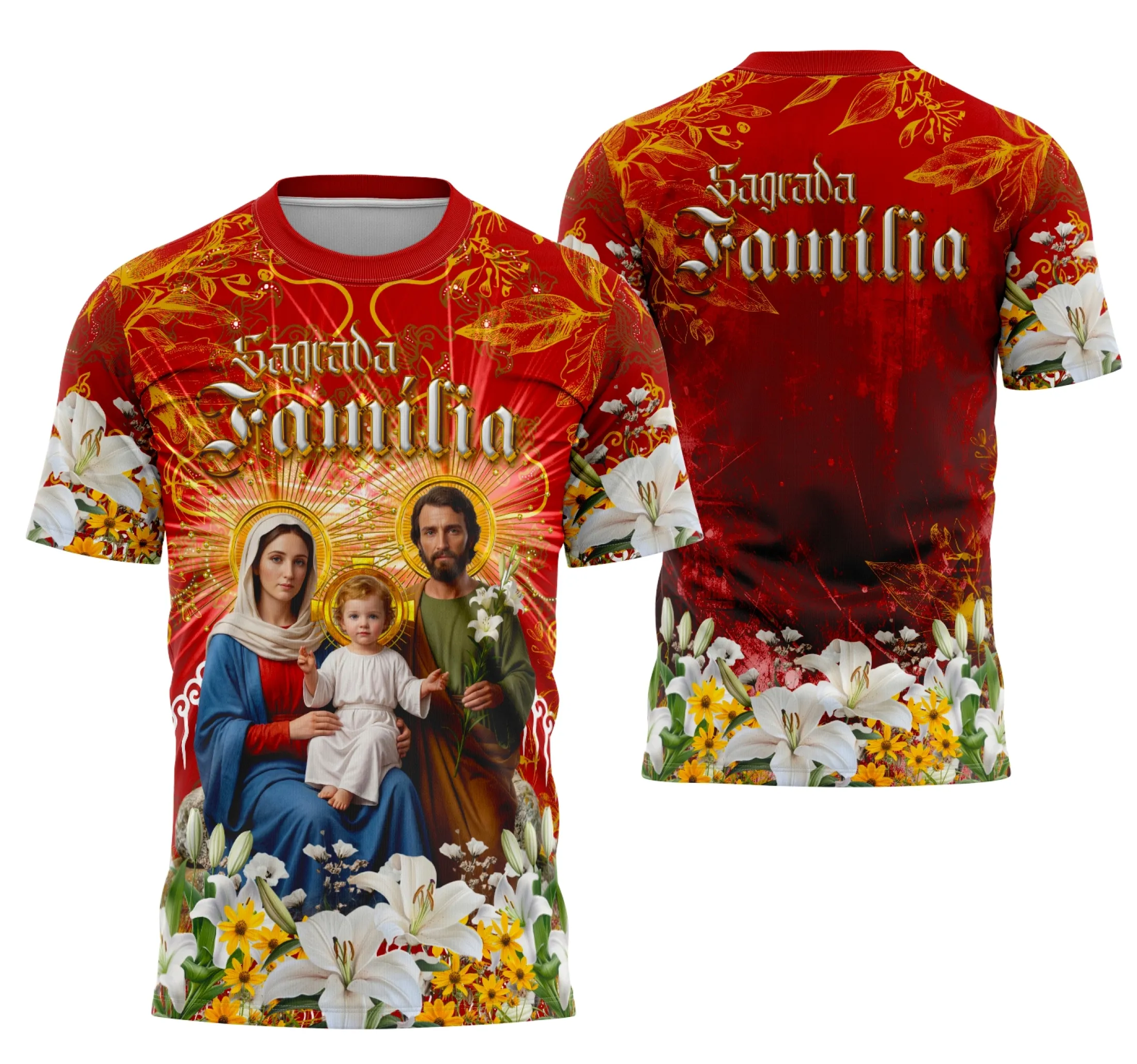 Camisa com logo no peito destacando a Sagrada Família e estampa grande nas costas representando cena religiosa com detalhes simbólicos em estilo clássico e cores harmônicas