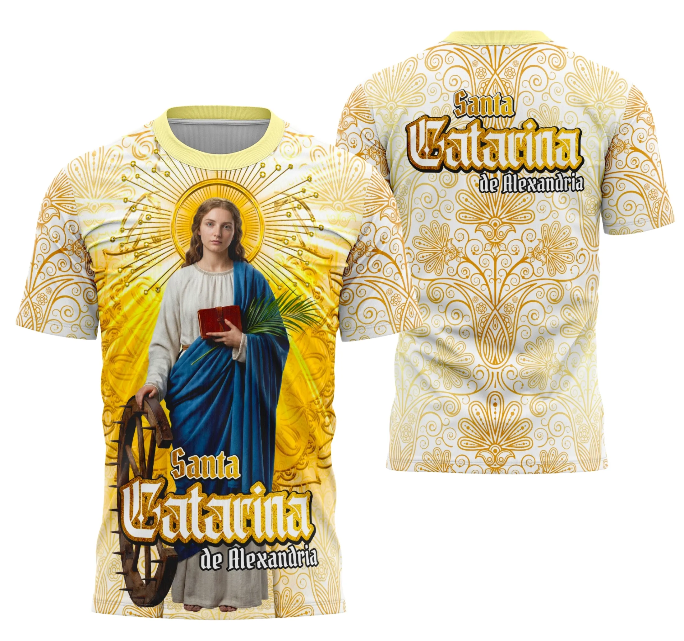 Camiseta unissex com cor preta, logo no peito e estampa grande nas costas com tema Santa Catarina de Alexandria, ideal para impressionar com estilo e fé.