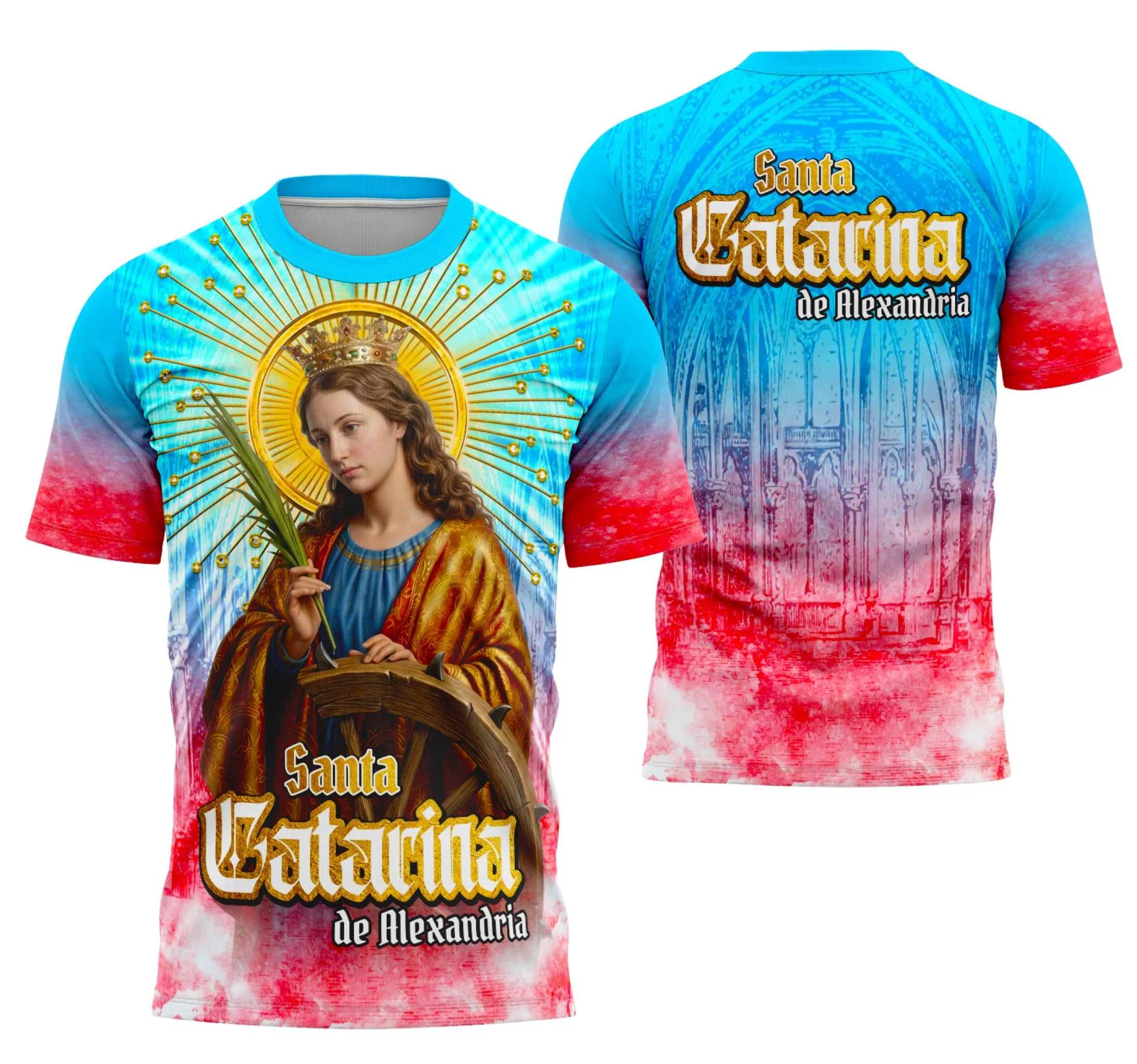 Camiseta unissex preta com logo no peito e estampa grande nas costas inspirada em Santa Catarina de Alexandria, ideal para quem busca estilo e personalidade em roupas confortáveis.