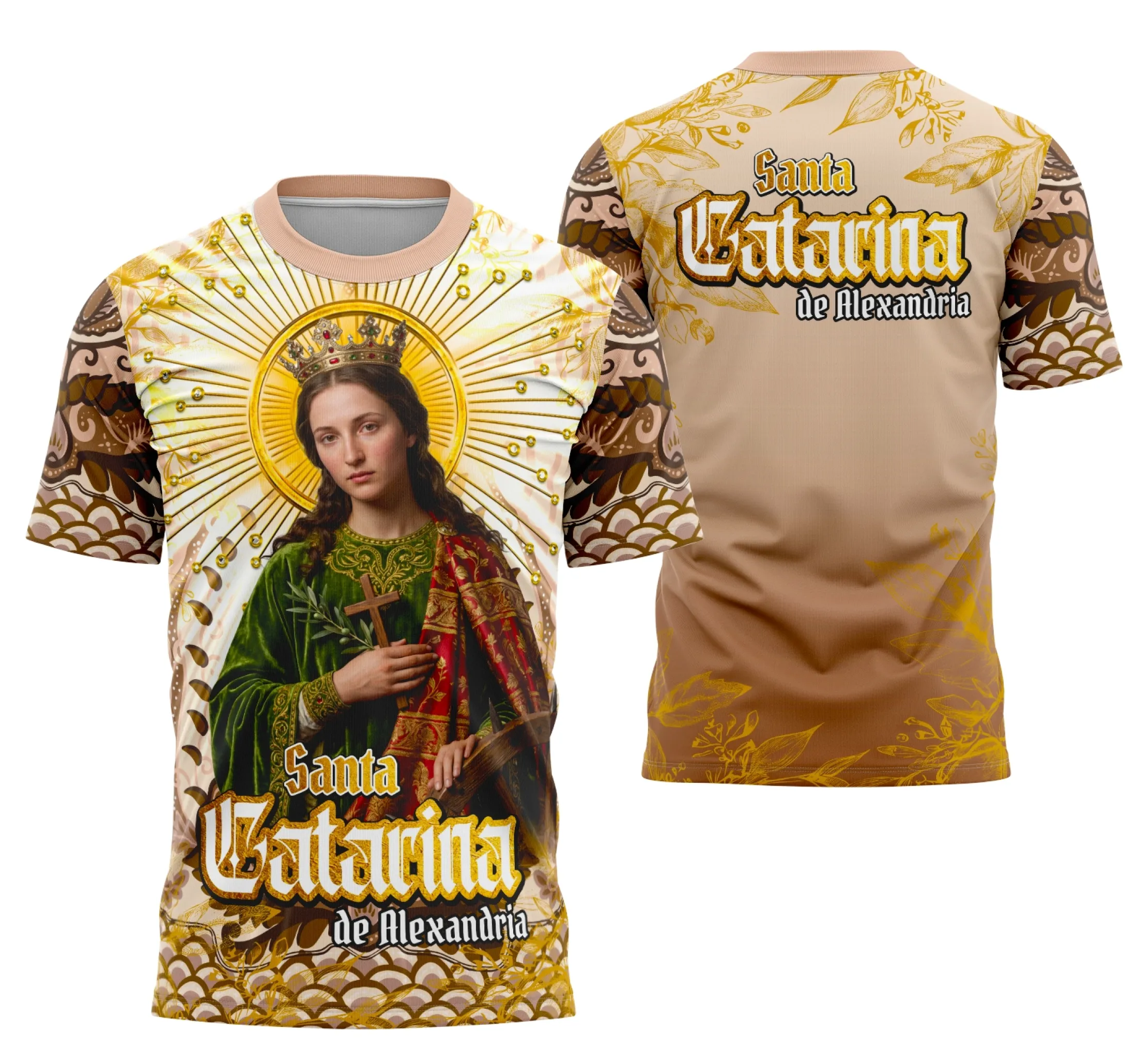 Camiseta unissex preta com logo no peito e estampa grande nas costas mostrando Santa Catarina de Alexandria em design vibrante e detalhado