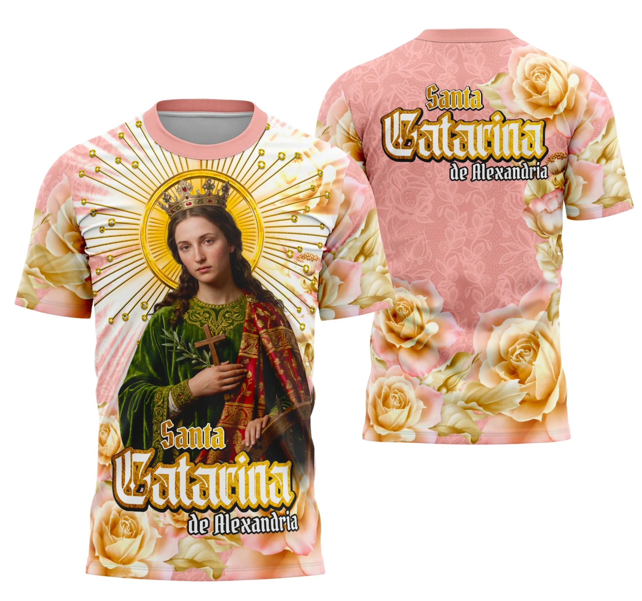 Camiseta unissex preta com logo no peito e estampa grande nas costas da Santa Catarina de Alexandria, combinando estilo religioso e moderno para diferentes ocasiões.