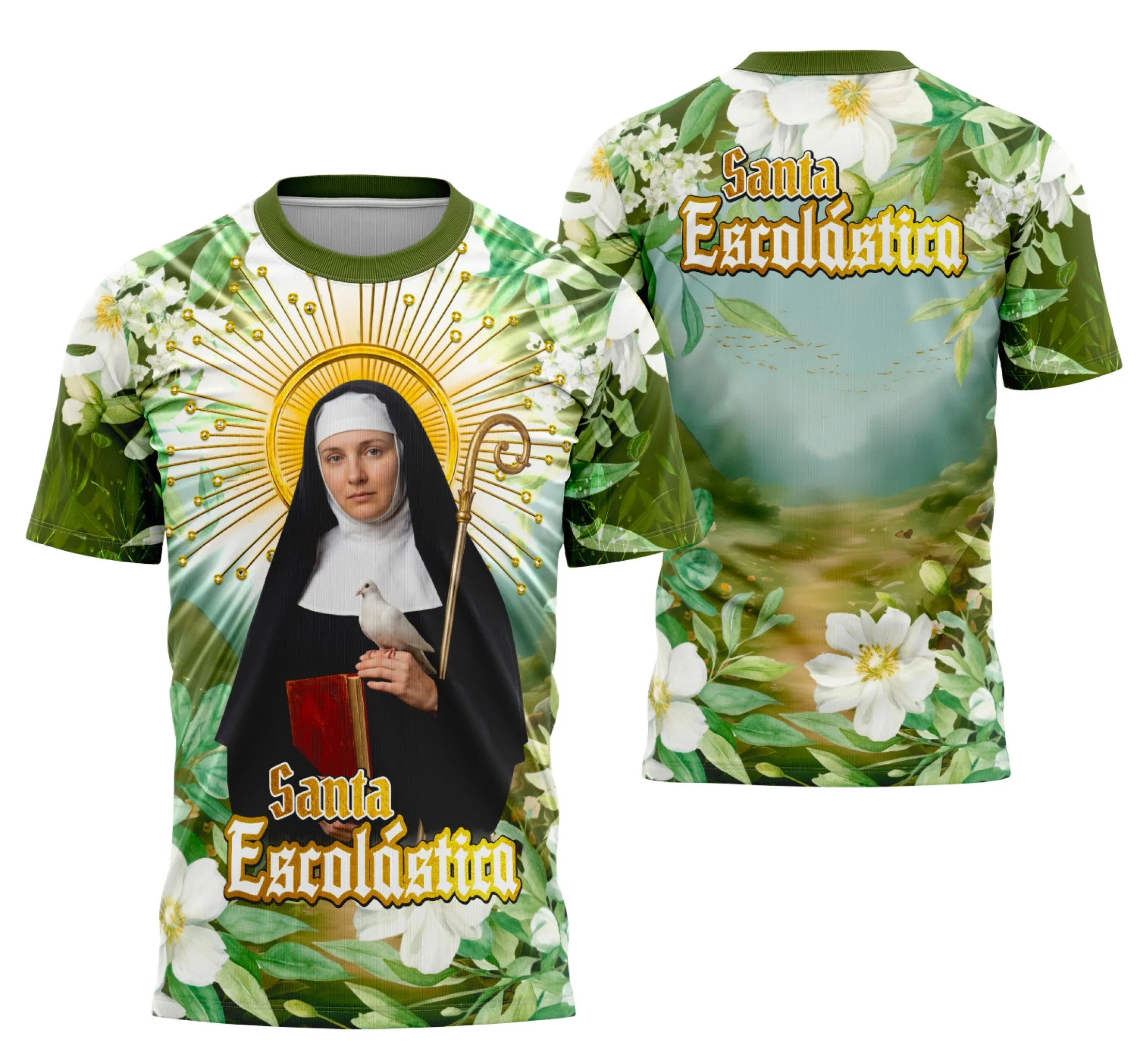Camisa com logo no peito e estampa grande nas costas exibindo imagem religiosa de Santa Escolástica, em um design pensado para admiradores da fé e da espiritualidade.