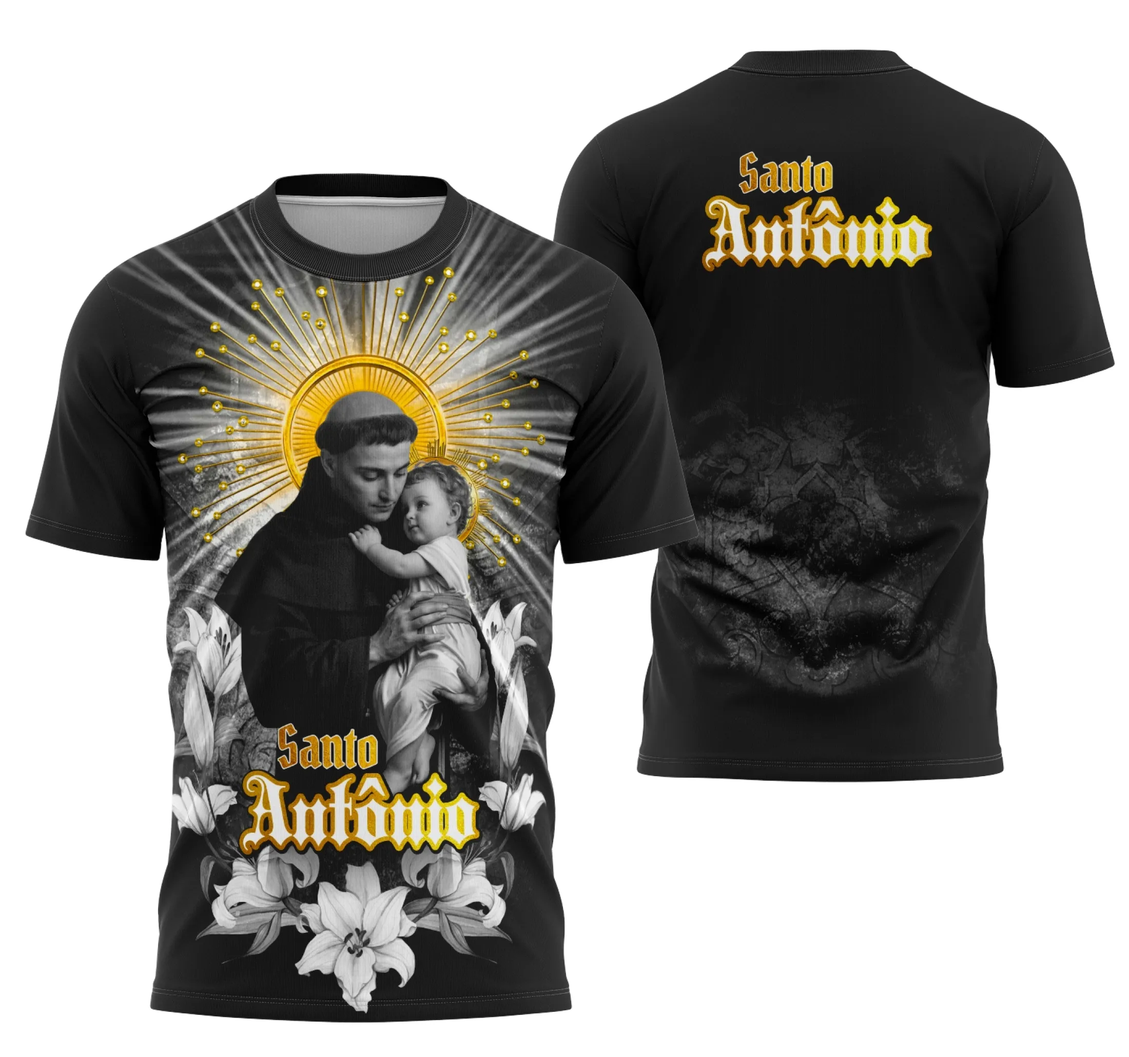 Camiseta unissex preta com logo no peito e estampa grande nas costas, apresentando design devocional Santo Antônio Católica, perfeita para uso religioso e casual.