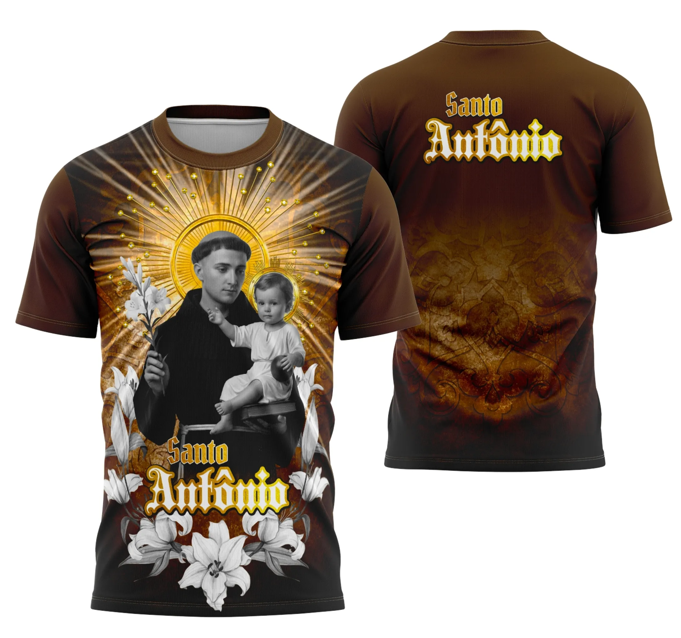 Camiseta unissex preta com logo no peito e estampa grande nas costas com tema Santo Antônio Católica, design moderno e espiritual para momentos de fé e devoção.