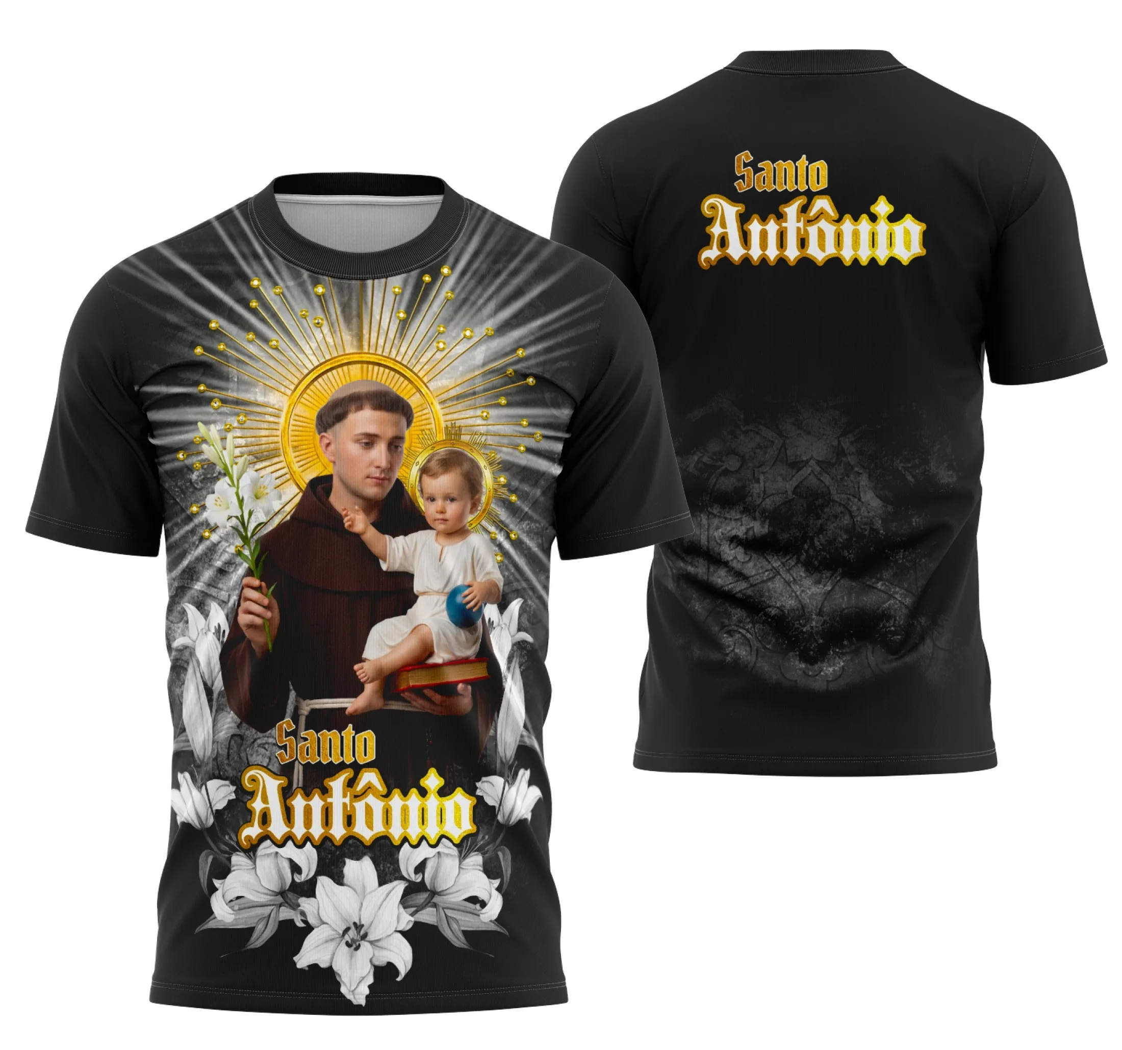 Camiseta unissex preta com logo no peito e estampa grande nas costas de Santo Antônio, tema católico devocional, visual moderno e estilo religioso marcante.
