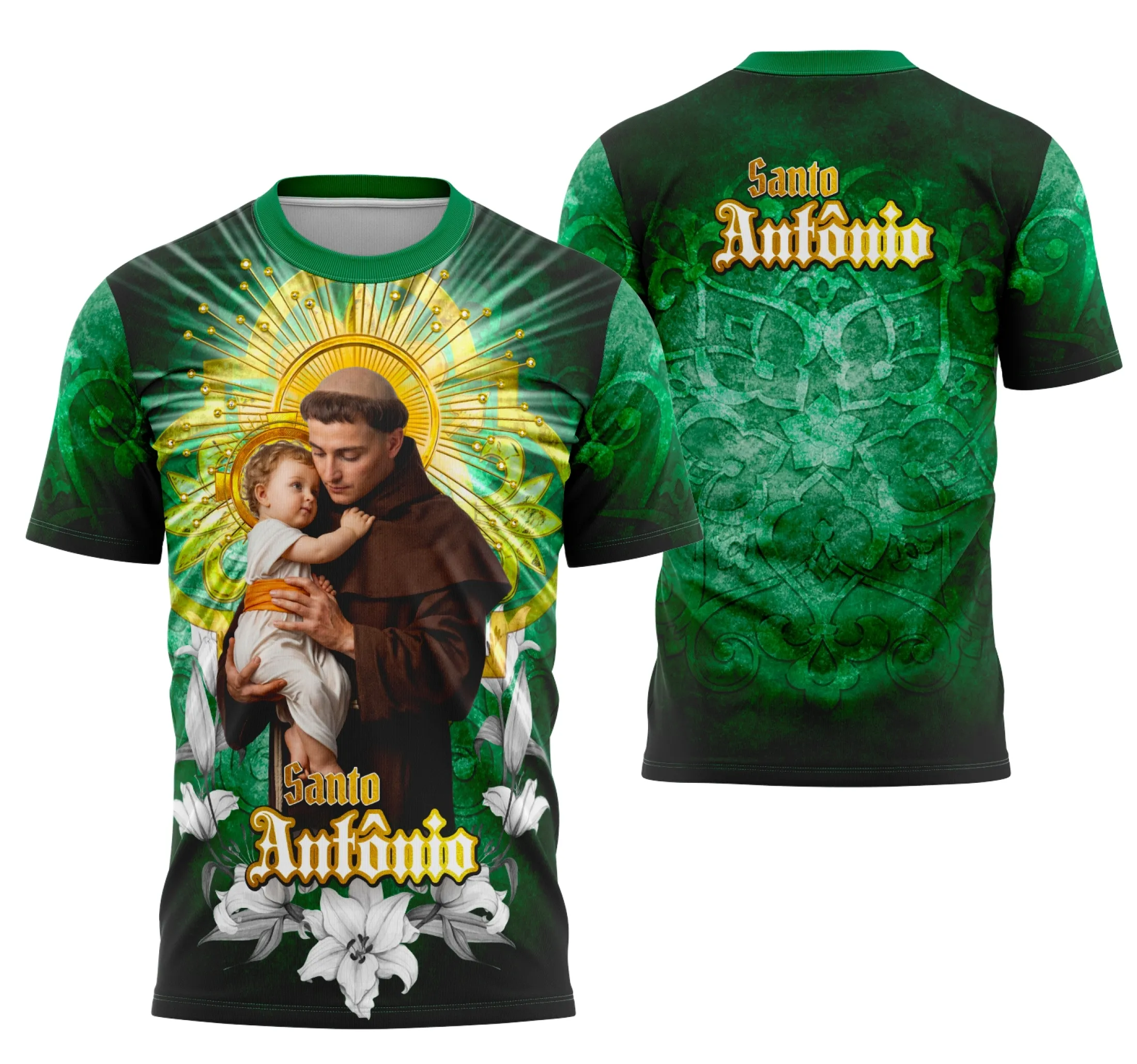 Camisa com logo no peito representando Santo Antônio e estampa grande nas costas com imagem detalhada do santo para devotos da religião católica, perfeita para momentos de fé e cultura.