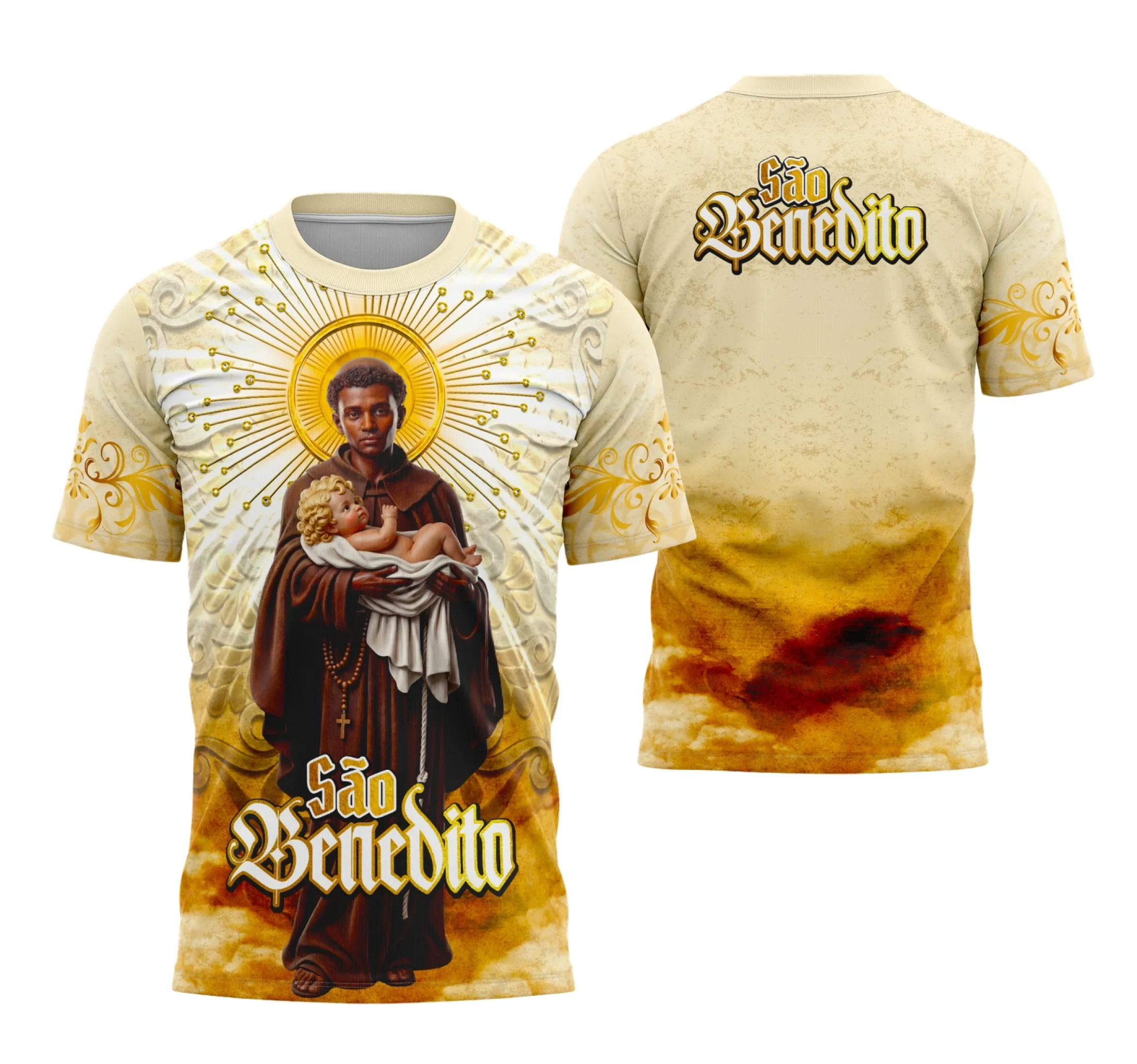 Camisa com logo no peito e estampa grande nas costas homenageando São Benedito, exibindo design religioso e cultural vibrante, ideal para expressar fé com estilo autêntico.