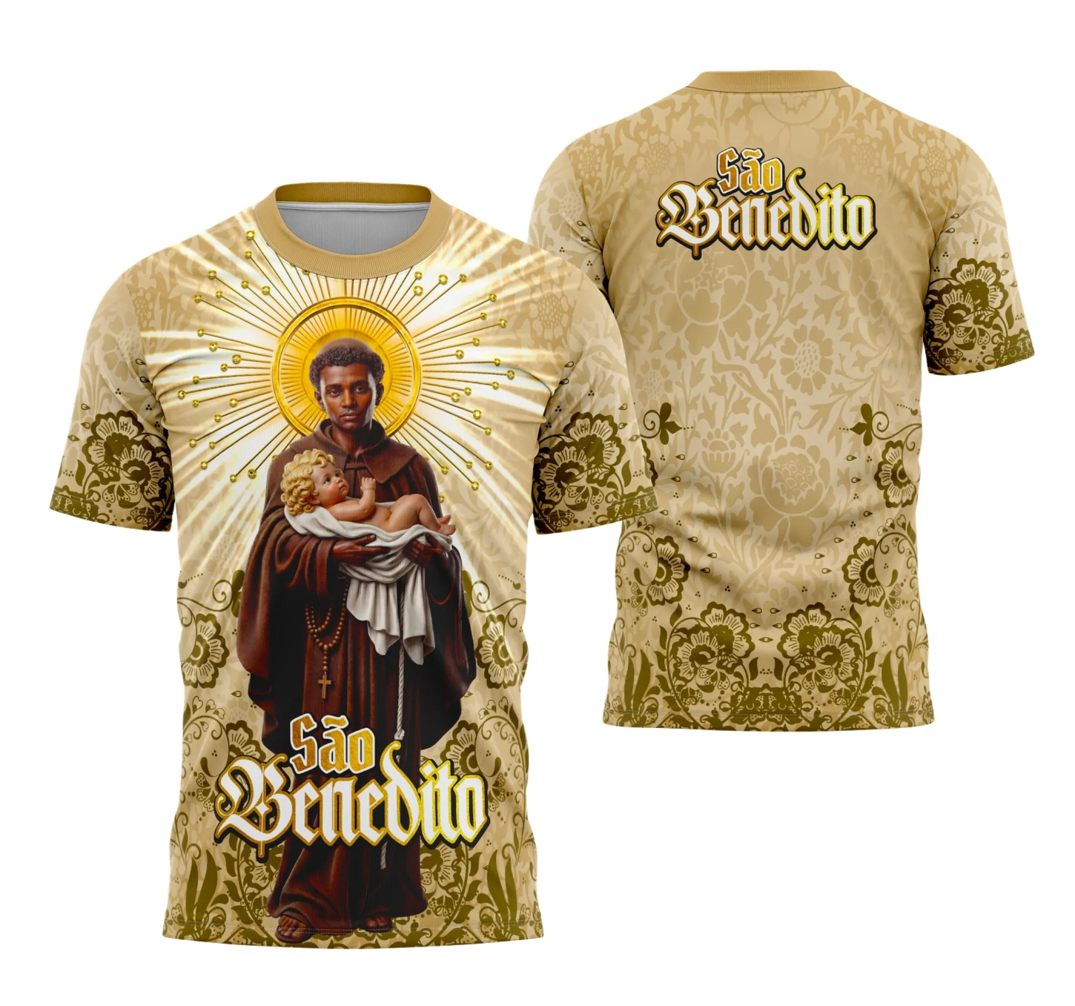 Camisa com logo no peito e estampa grande nas costas ilustrando São Benedito em estilo religioso tradicional, destacando detalhes vibrantes e simbólicos, ideal para expressar fé e cultura popular com design marcante.