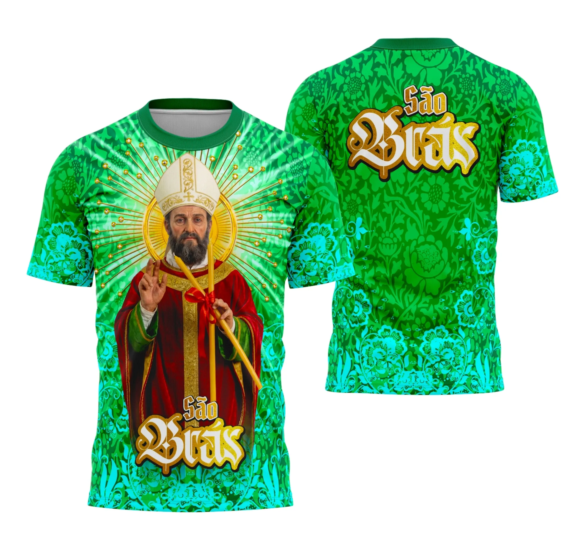Camisa com logo no peito destacando símbolo de São Brás e estampa grande nas costas com design religioso que traz fé e tradição.