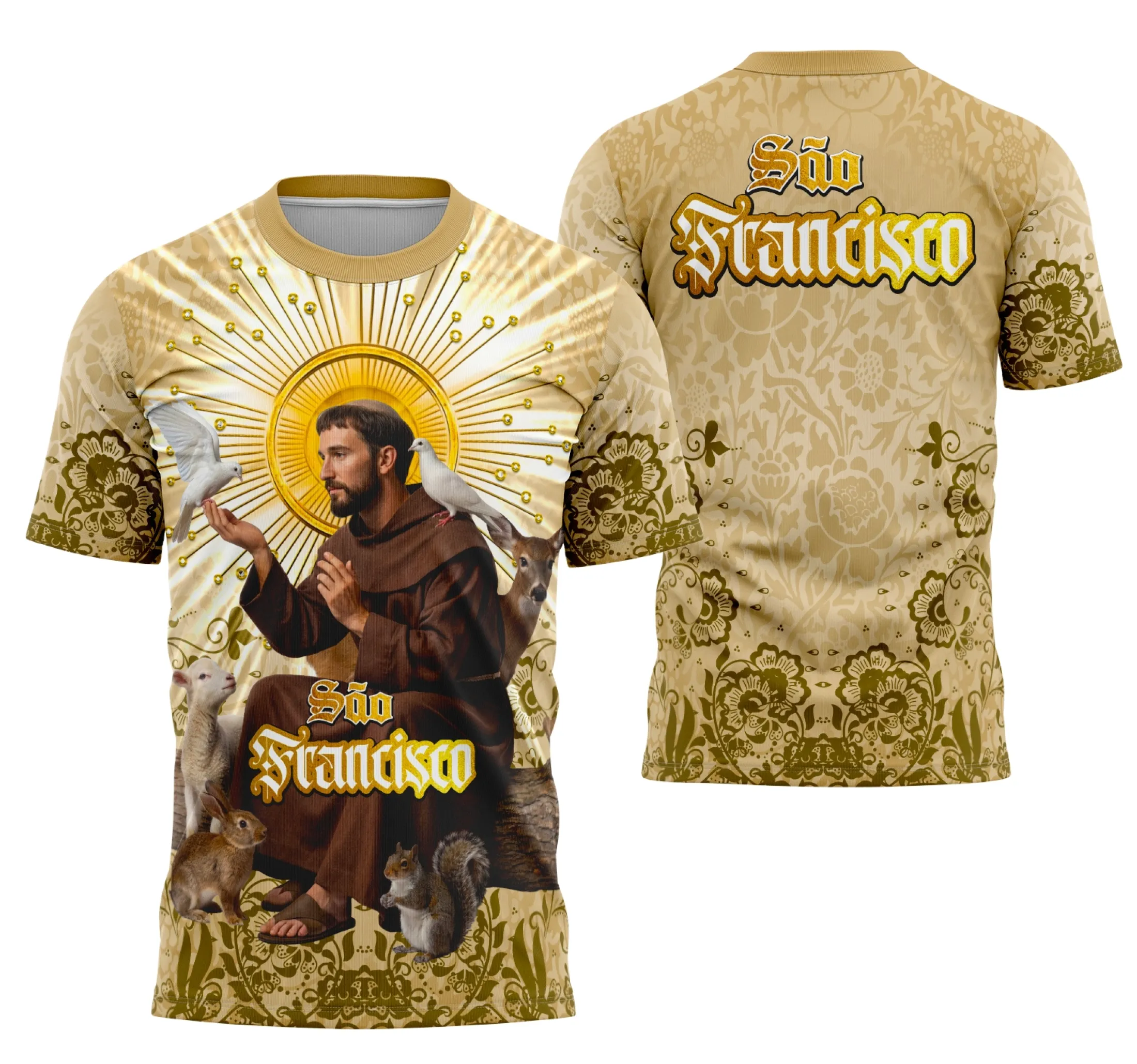 Camisa com logo no peito delicado de São Francisco de Assis e estampa grande nas costas com detalhes que ressaltam a fé e devoção, com design moderno e harmonioso, ideal para quem valoriza a religião católica.