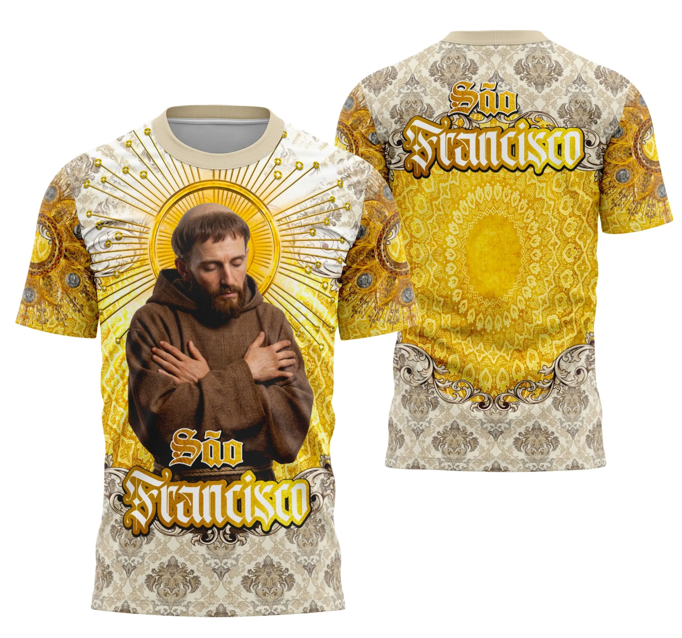 Camiseta unissex branca com logo no peito e estampa grande nas costas com tema Devocional de São Francisco de Assis, visual moderno e confortável para uso diário.