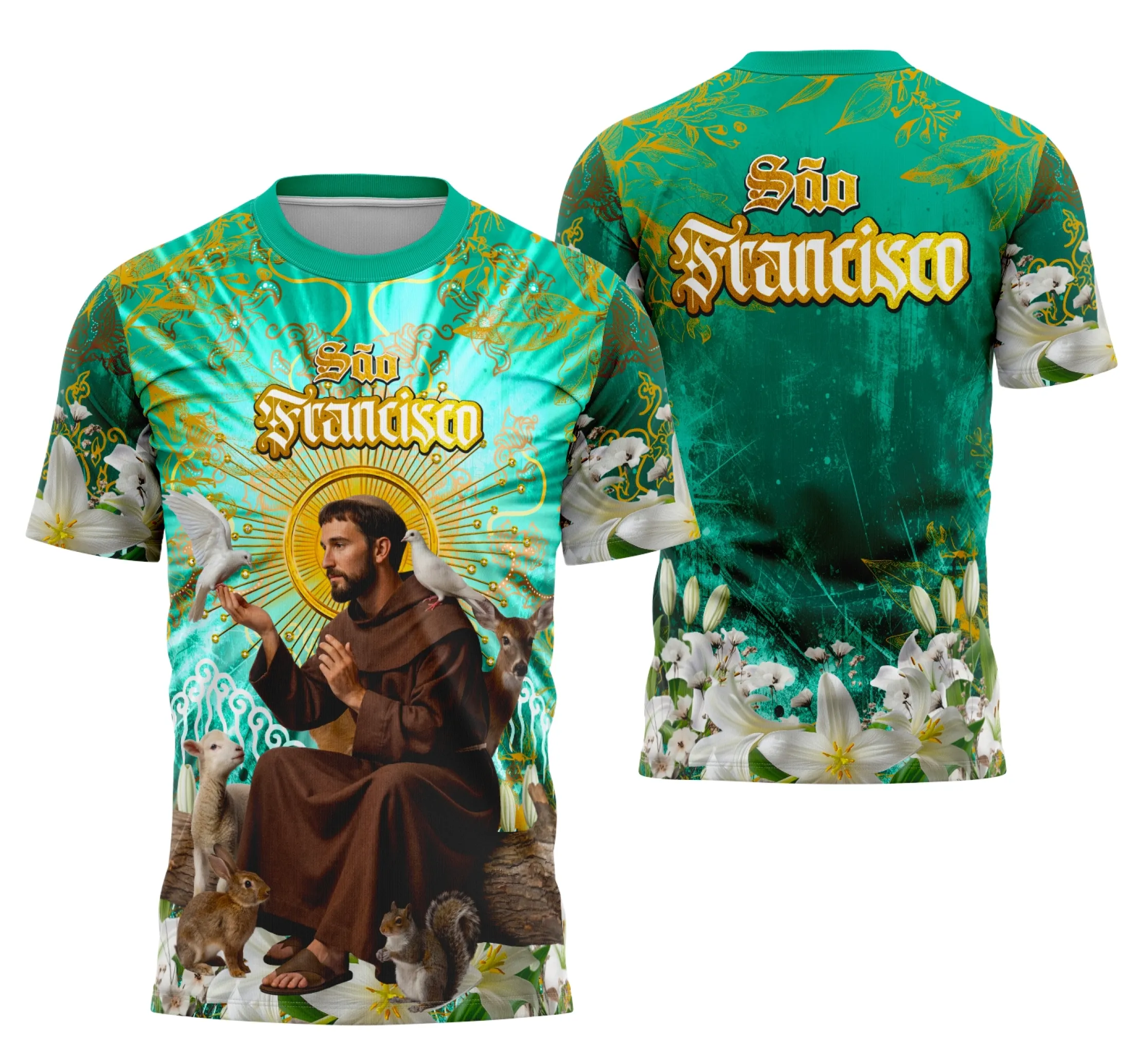 Camisa com logo no peito e estampa grande nas costas, exibindo uma arte detalhada de São Francisco de Assis em estilo religioso clássico, perfeita para quem celebra a fé com estilo e significado.
