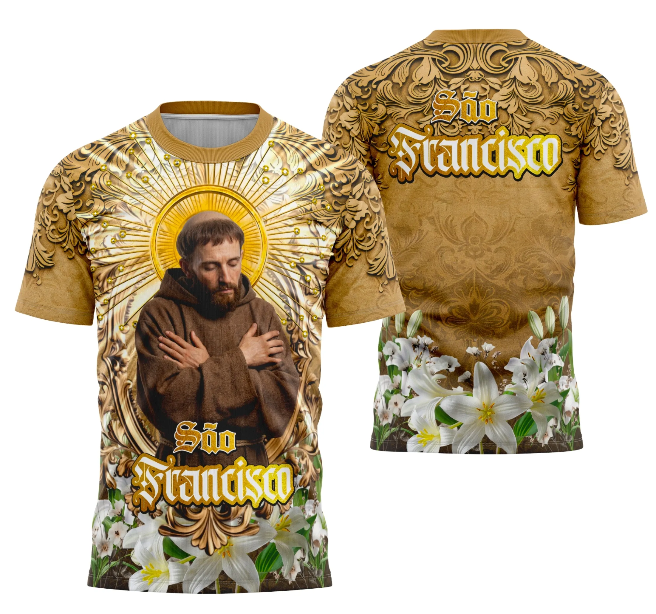 Camisa destacando logo no peito com desenho de São Francisco de Assis e estampa grande nas costas que transmite fé e tranquilidade com design impactante e sofisticado.