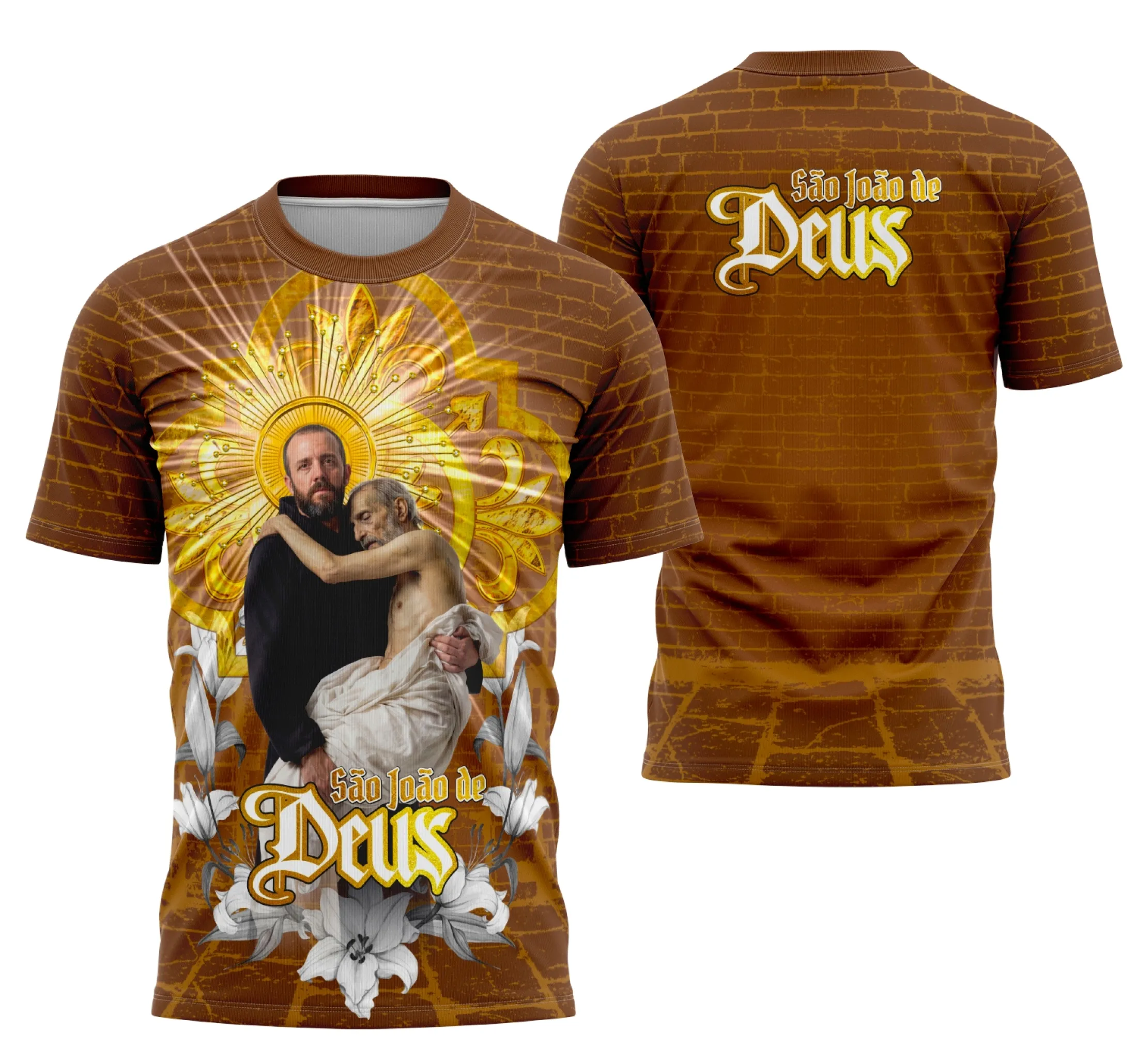 Camiseta unissex preta com logo no peito e estampa grande nas costas com tema Devocional São João de Deus, ideal para quem busca fé e estilo.