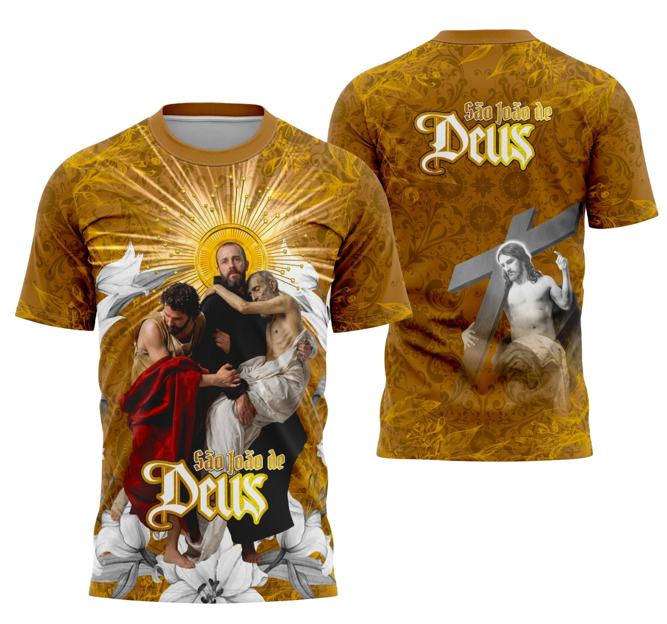 Camiseta unissex branca com logo no peito e estampa grande nas costas sobre São João de Deus, ideal para quem busca fé e proteção com estilo e conforto.