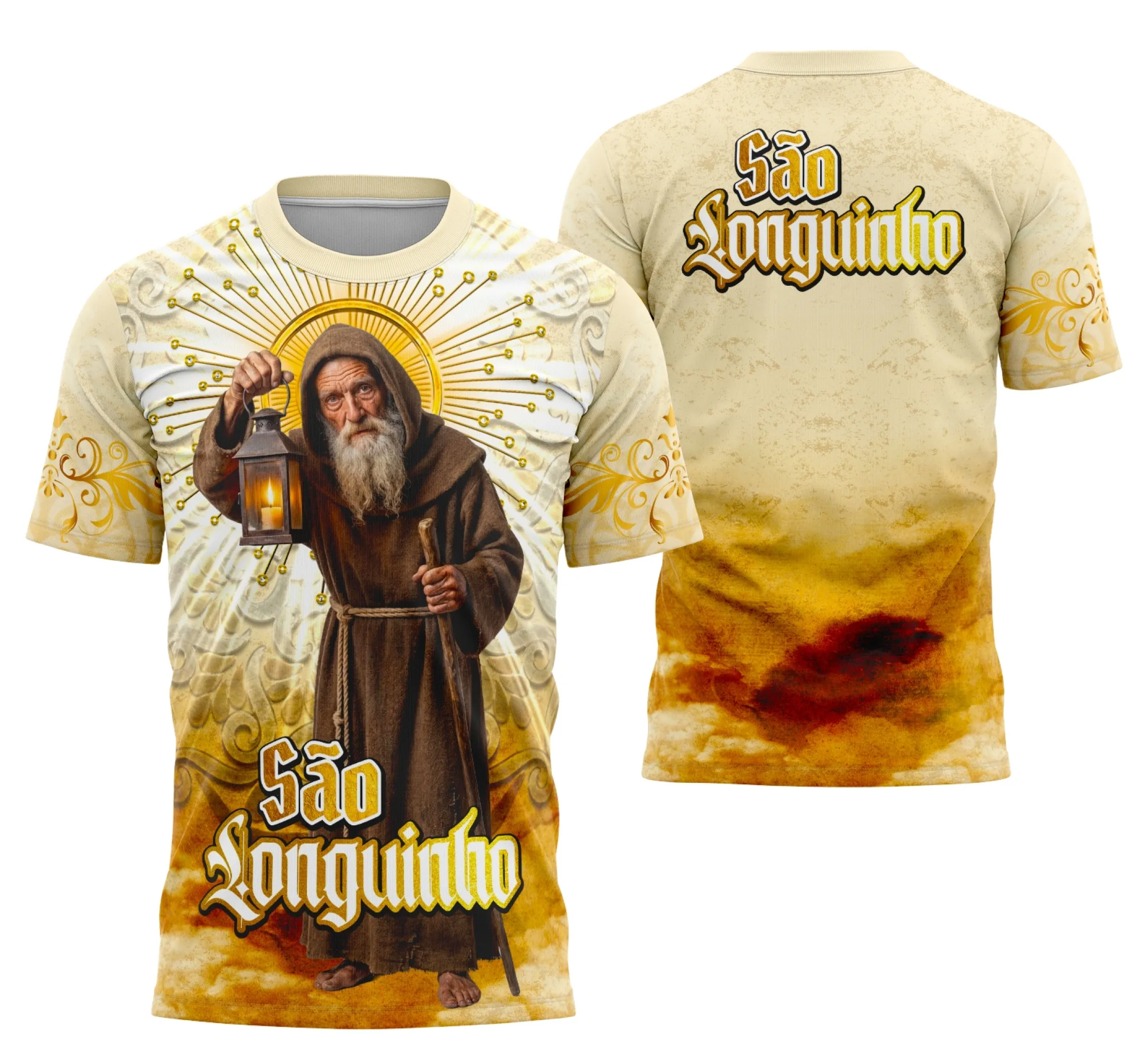 Camisa com logo no peito e estampa grande nas costas destacando a imagem de São Longuinho em estilo religioso, perfeita para quem busca fé e estilo em uma peça única.