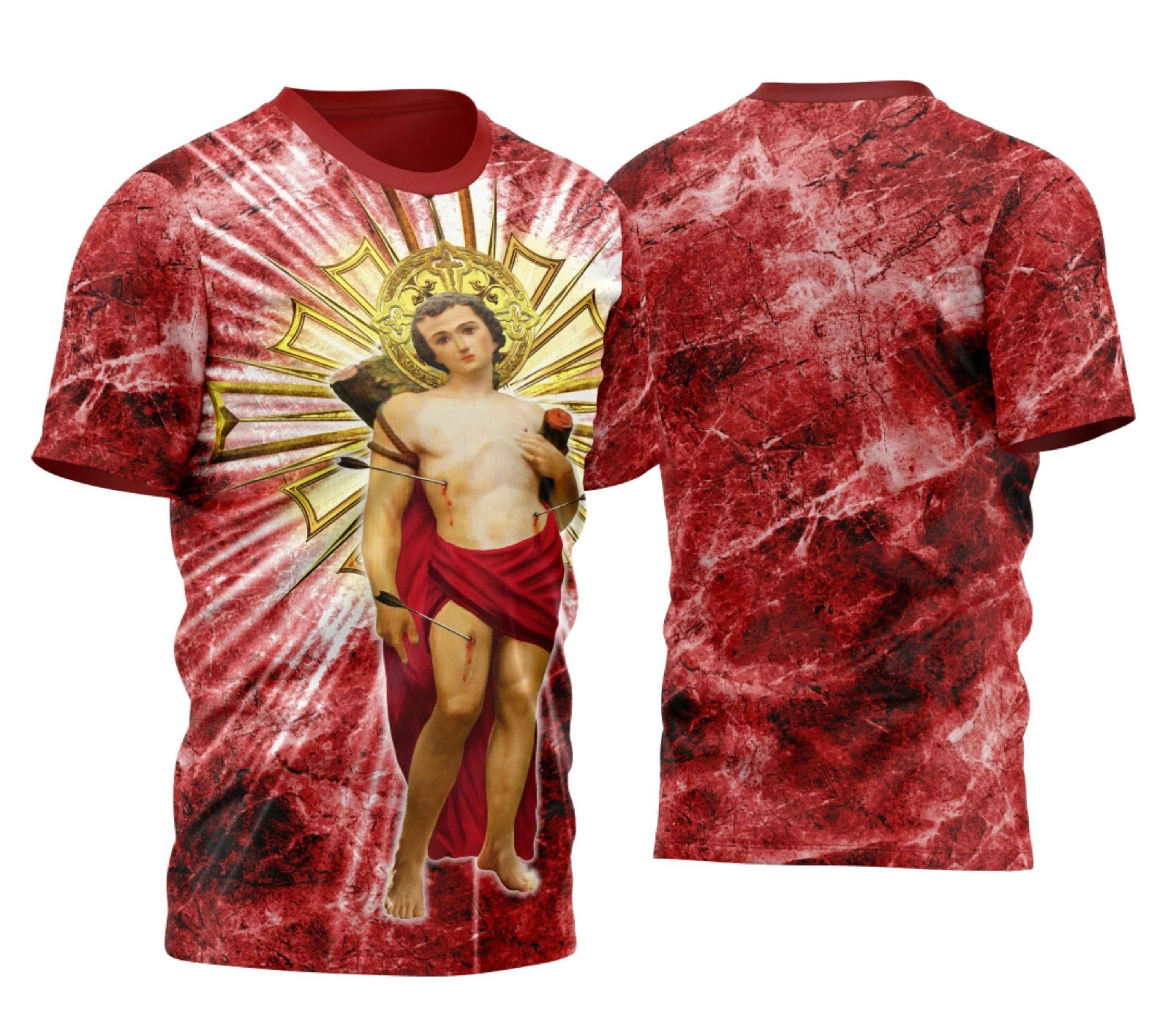 Camiseta unissex preta com logo no peito e estampa grande nas costas com tema São Sebastião, ideal para quem gosta de estilo religioso e moderno.