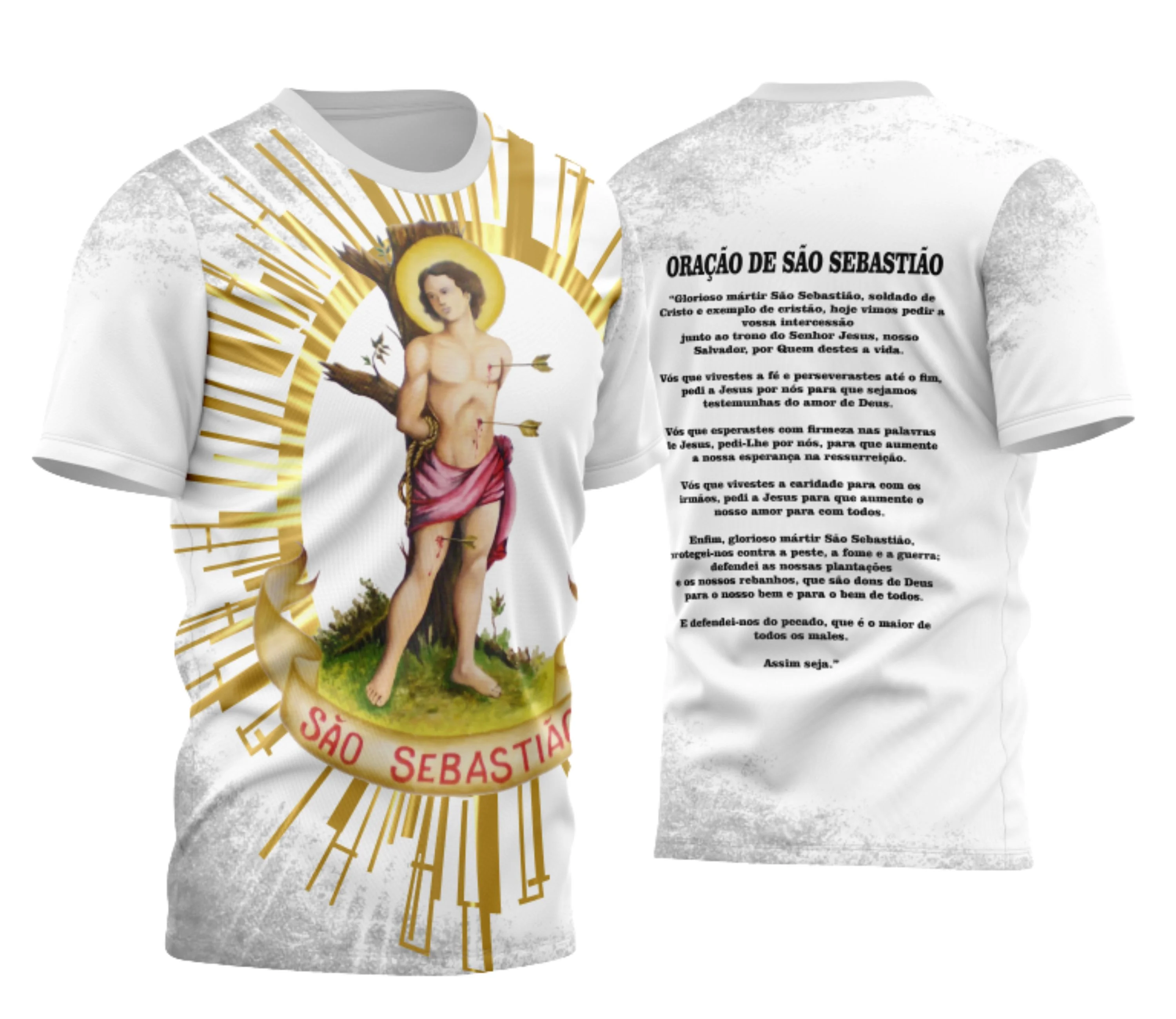 Camiseta unissex preta com logo no peito e estampa grande nas costas com tema São Sebastião Modelo 03, mostrando estilo moderno e religioso.