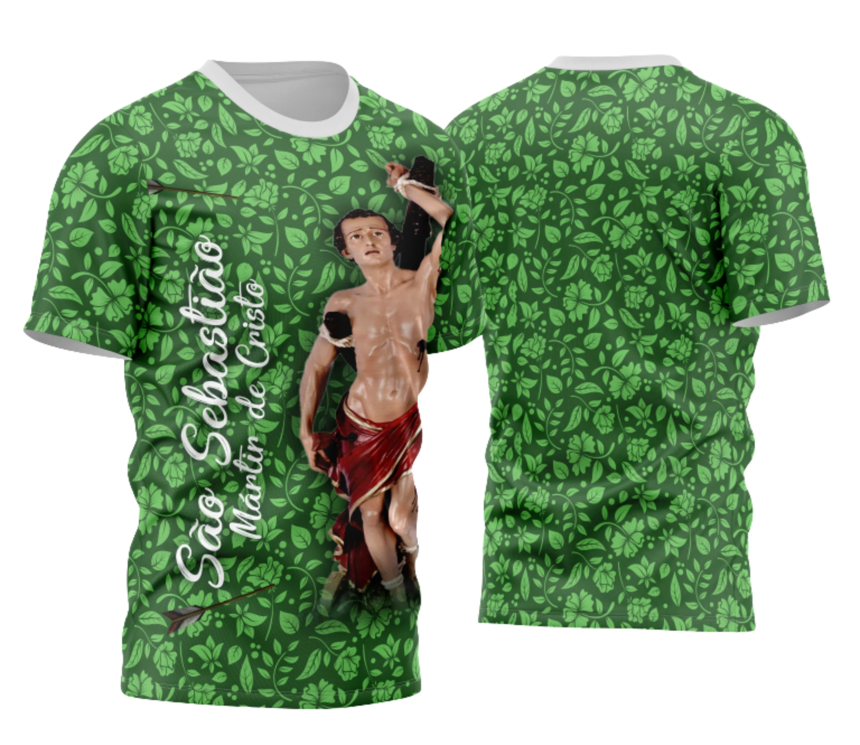 Camiseta unissex preta com logo no peito e estampa grande nas costas inspirada em São Sebastião Modelo 04, ideal para quem busca estilo e referências religiosas.