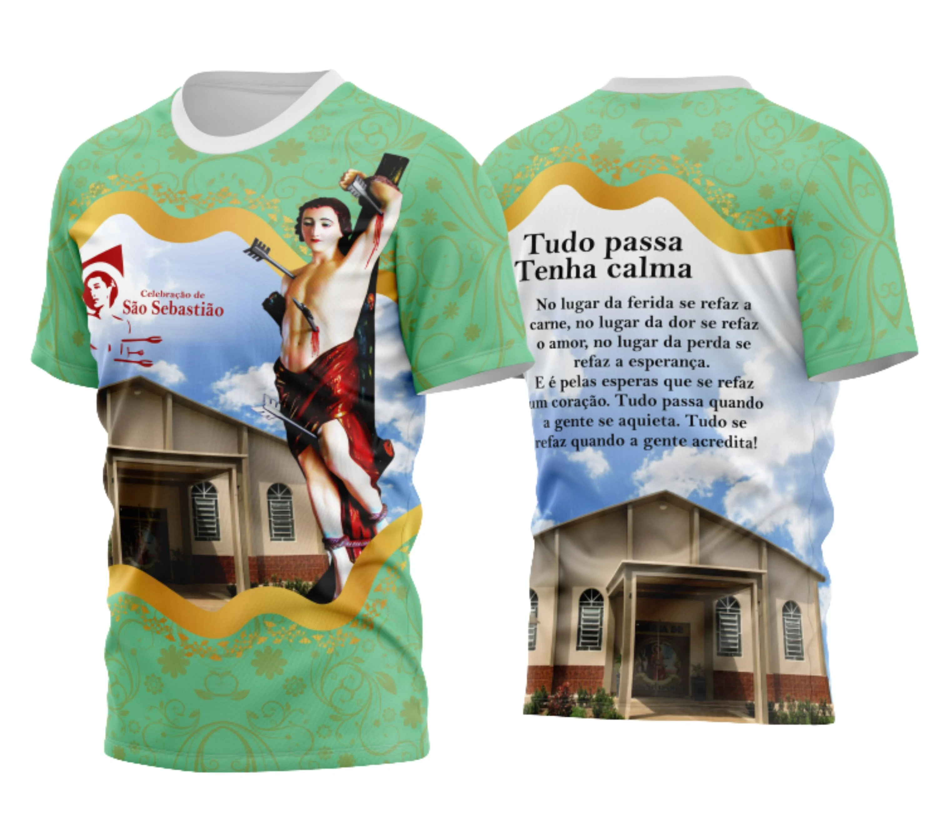 Camiseta unissex preta com logo no peito e estampa grande nas costas inspirada em São Sebastião Modelo 06, design moderno e estilo casual para diversas ocasiões.