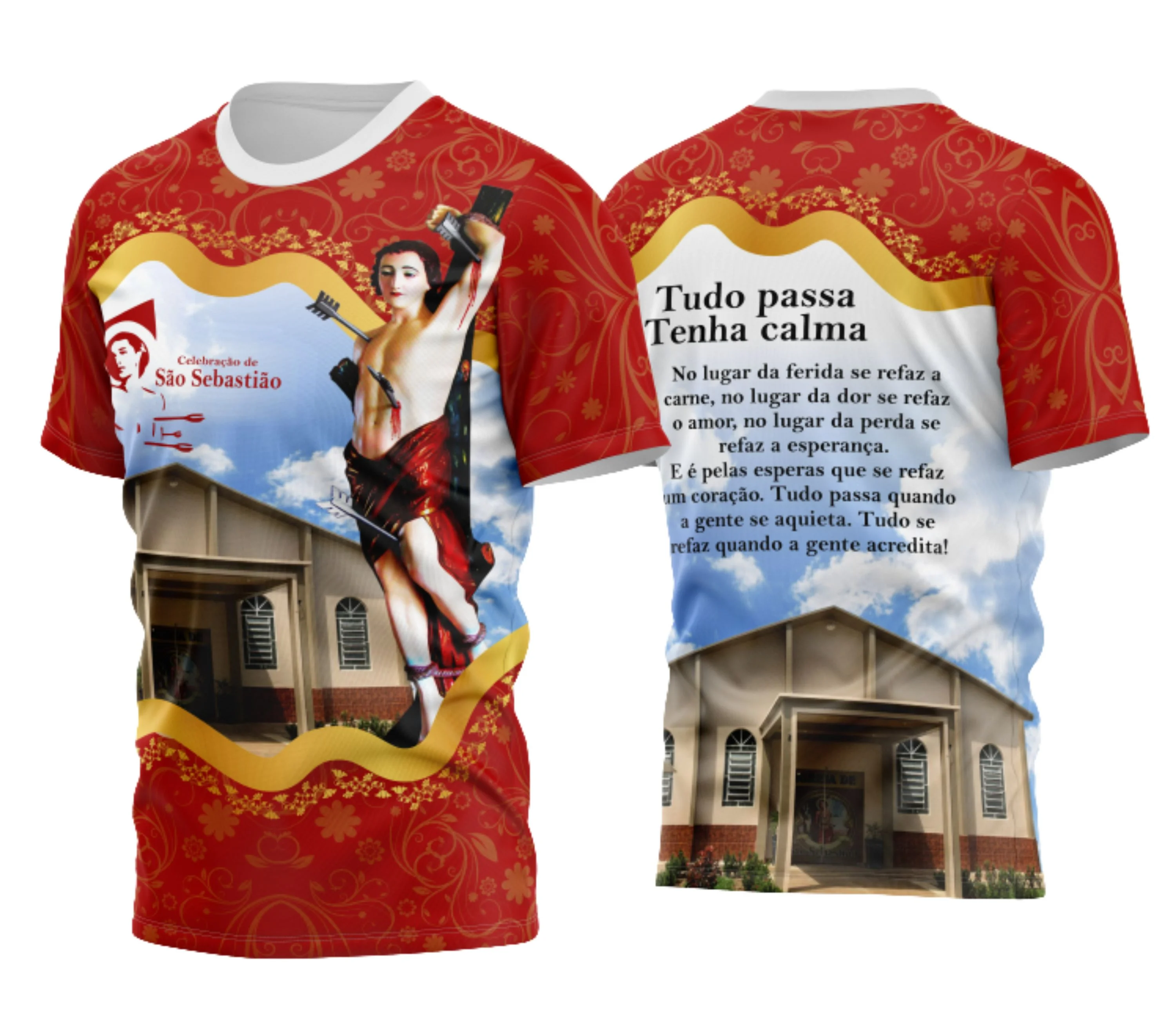 Camiseta unissex preta com logo no peito e estampa grande nas costas representando São Sebastião Modelo 08, design moderno e impactante, ideal para quem busca estilo e conforto.