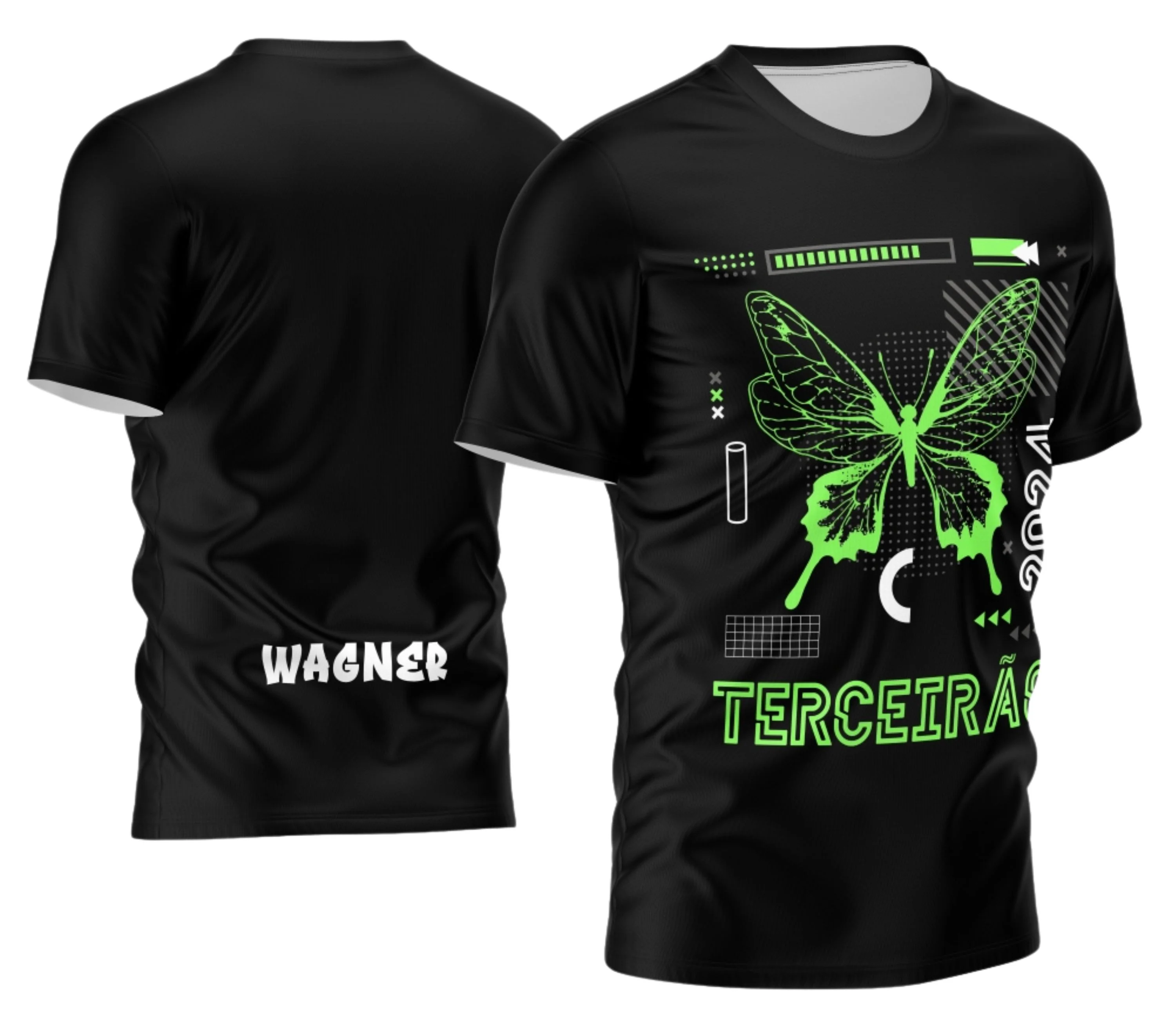 Camiseta preta unissex com logo no peito e estampa grande nas costas no tema Terceirão com estilo exclusivo, ideal para eventos escolares e celebrações de fim de ciclo.