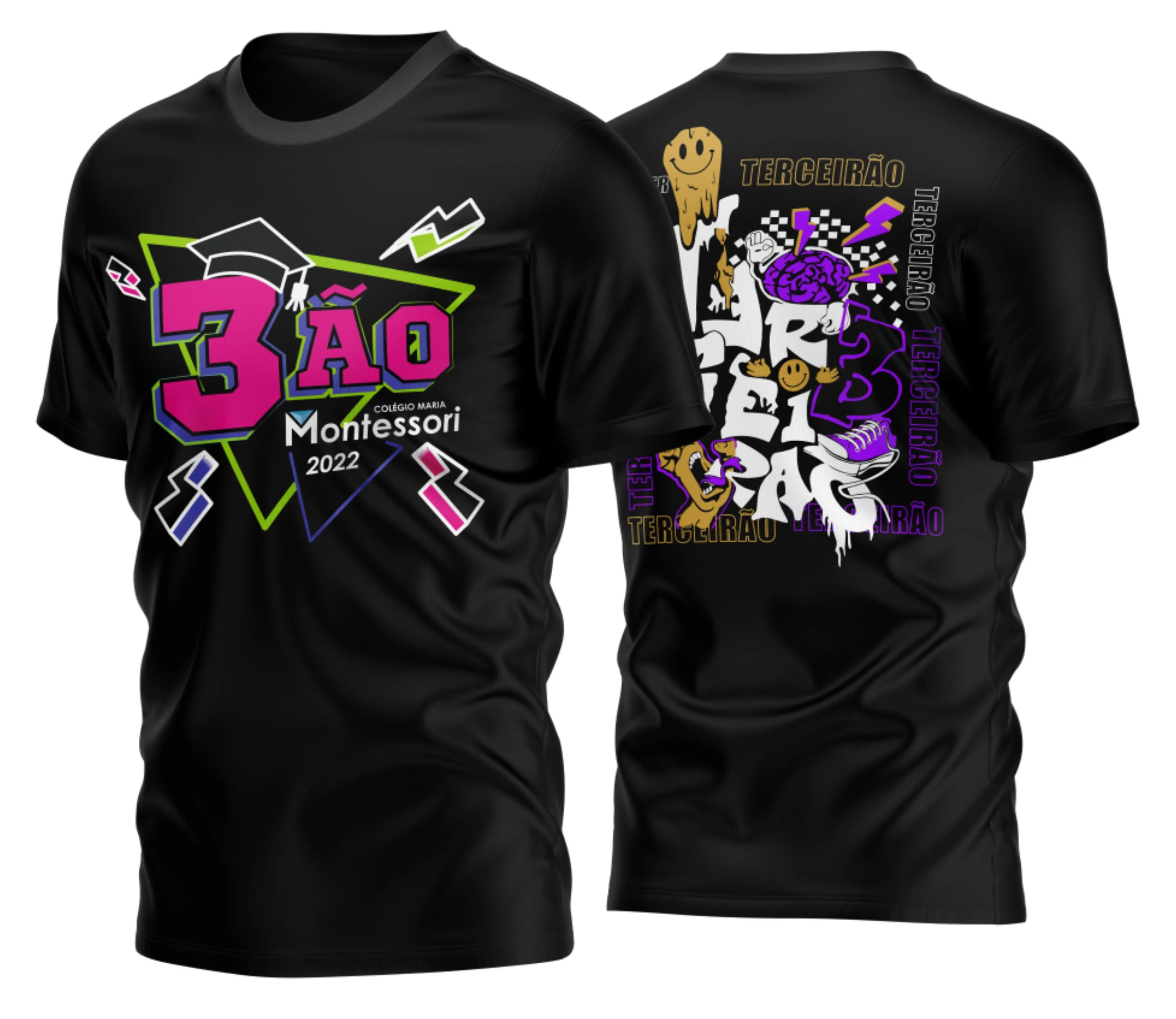 Camisa Terceirão 2026 com logo no peito e estampa grande nas costas, mostrando um design moderno e vibrante, ideal para celebrar a turma com estilo e personalidade marcante.