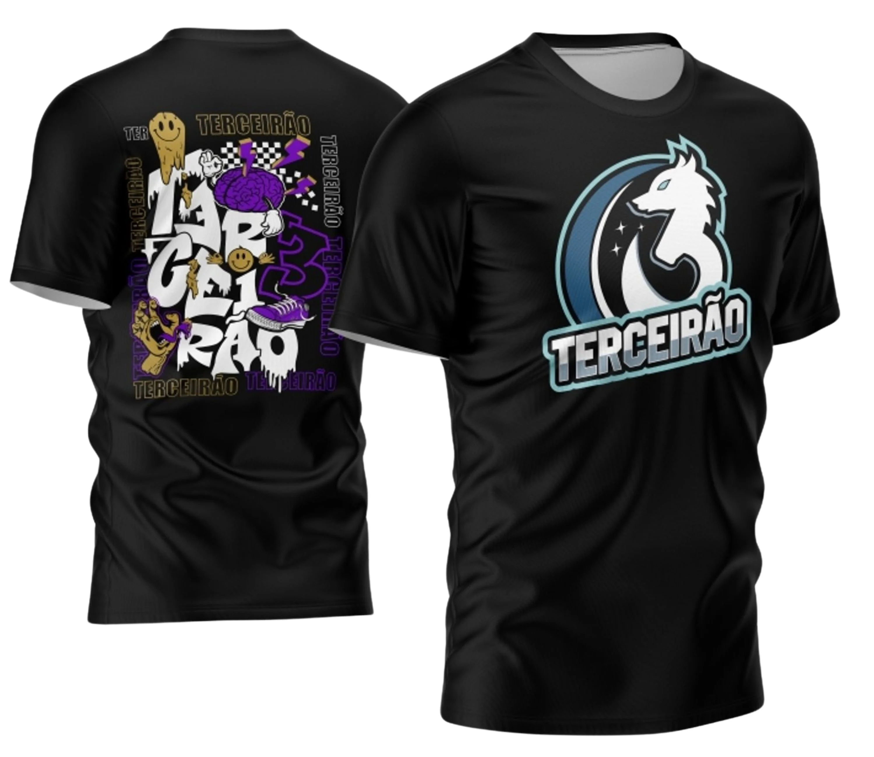 Camiseta unissex branca com logo no peito e estampa grande nas costas com design moderno para Terceirão 2026, estilo jovem e atual, perfeita para eventos escolares.