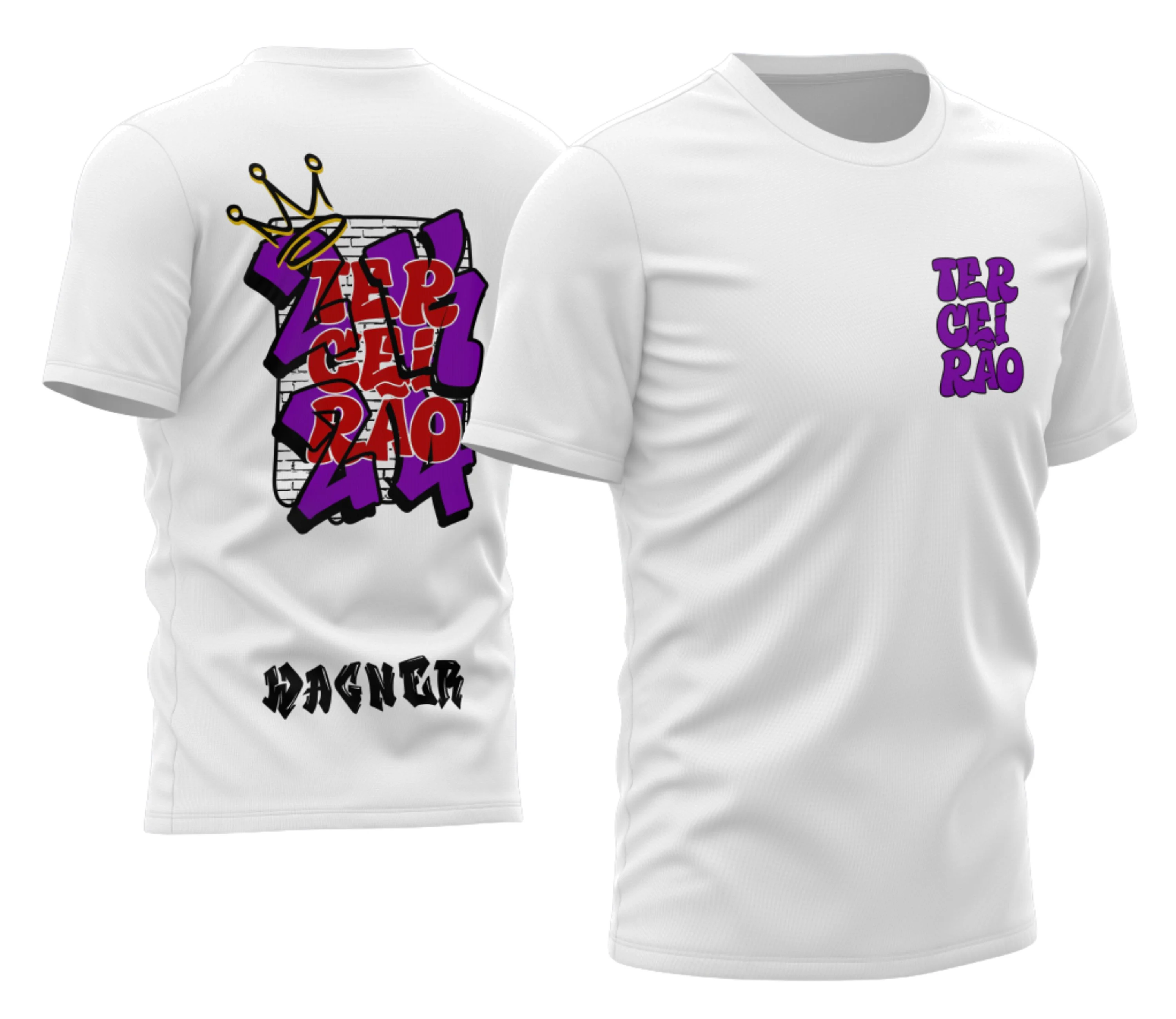 Camisa com logo no peito e estampa grande nas costas em estilo grafite colorido que remete ao muro urbano, visual moderno e cheio de atitude para quem celebra o Terceirão.