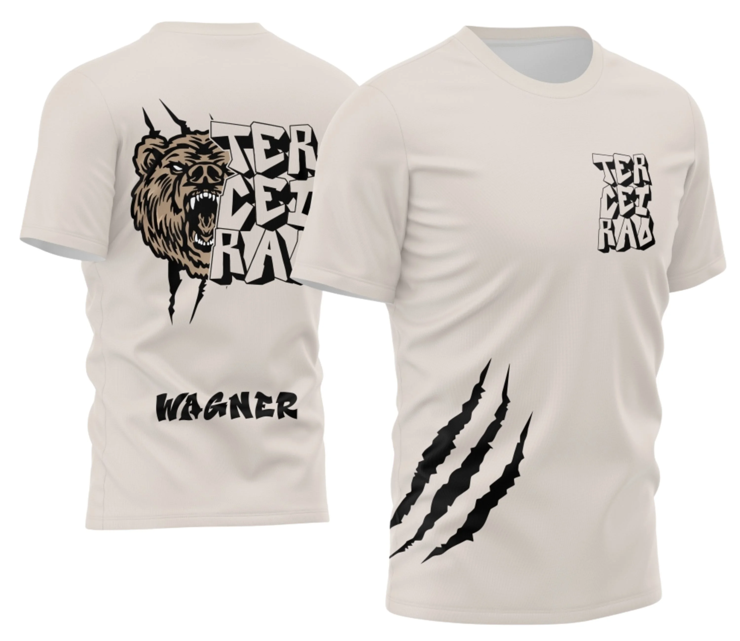 Camisa final com logo no peito e estampa grande nas costas apresentando um urso imponente e expressivo, ideal para turmas de Terceirão que buscam estilo marcante e exclusividade no visual.