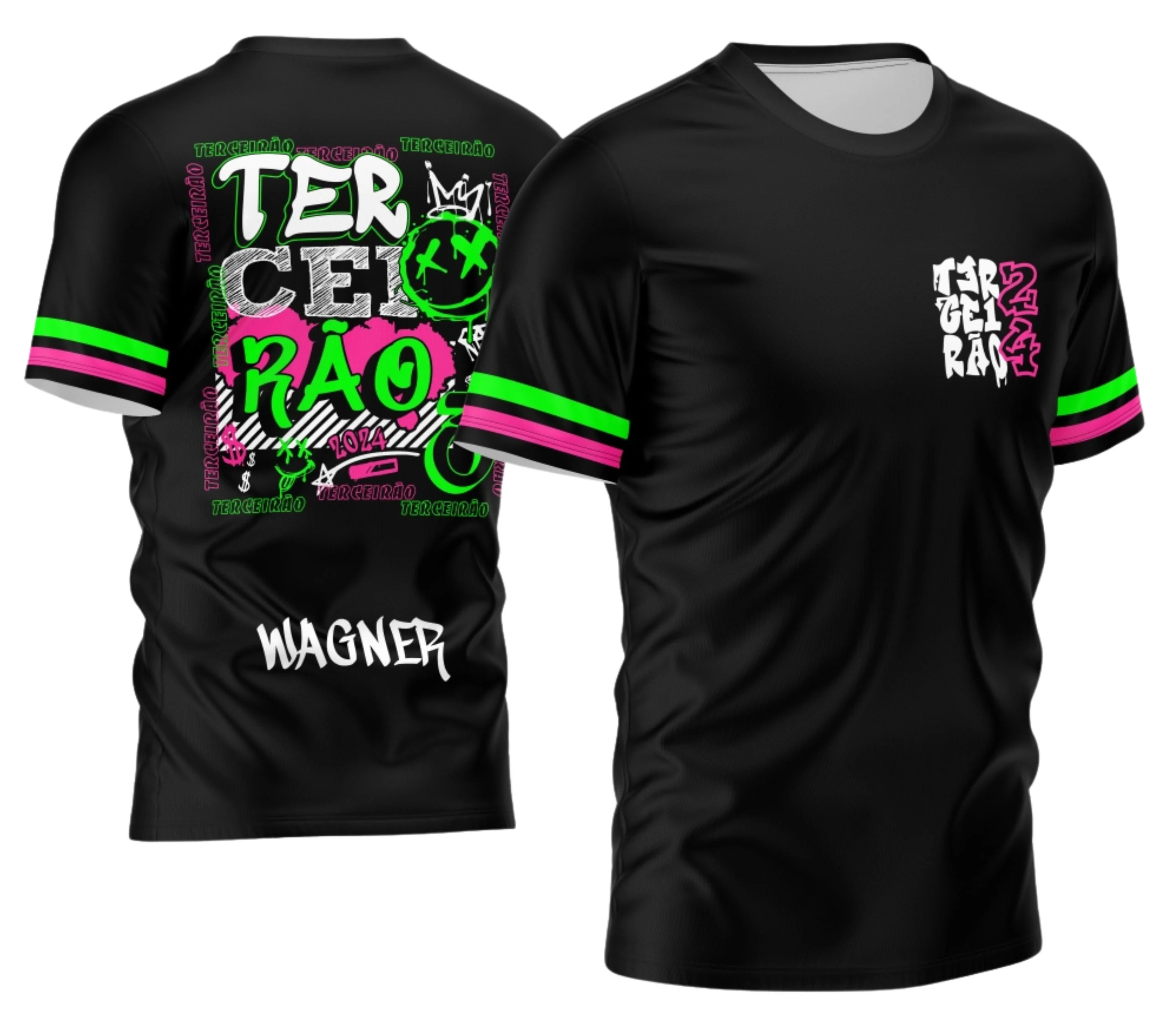 Camisa com logo no peito e estampa grande nas costas, apresentando design gráfico moderno e vibrante para o Terceirão 2026 em estilo urbano descolado e cheio de atitude.