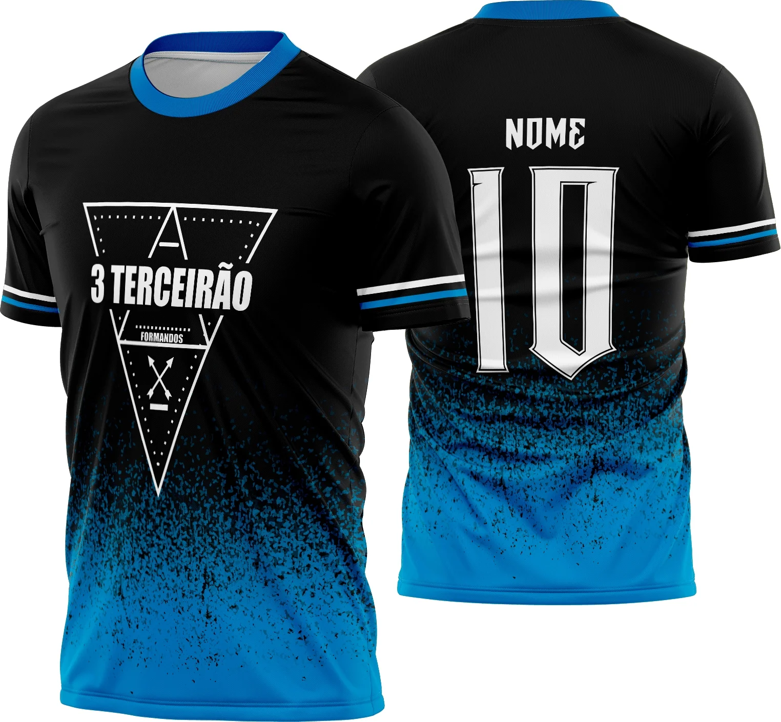 Camisa com logo no peito e estampa grande nas costas, destaque para design moderno e cores vibrantes que representam o espírito do Terceirão 2026, ideal para uso em eventos e comemorações da turma.