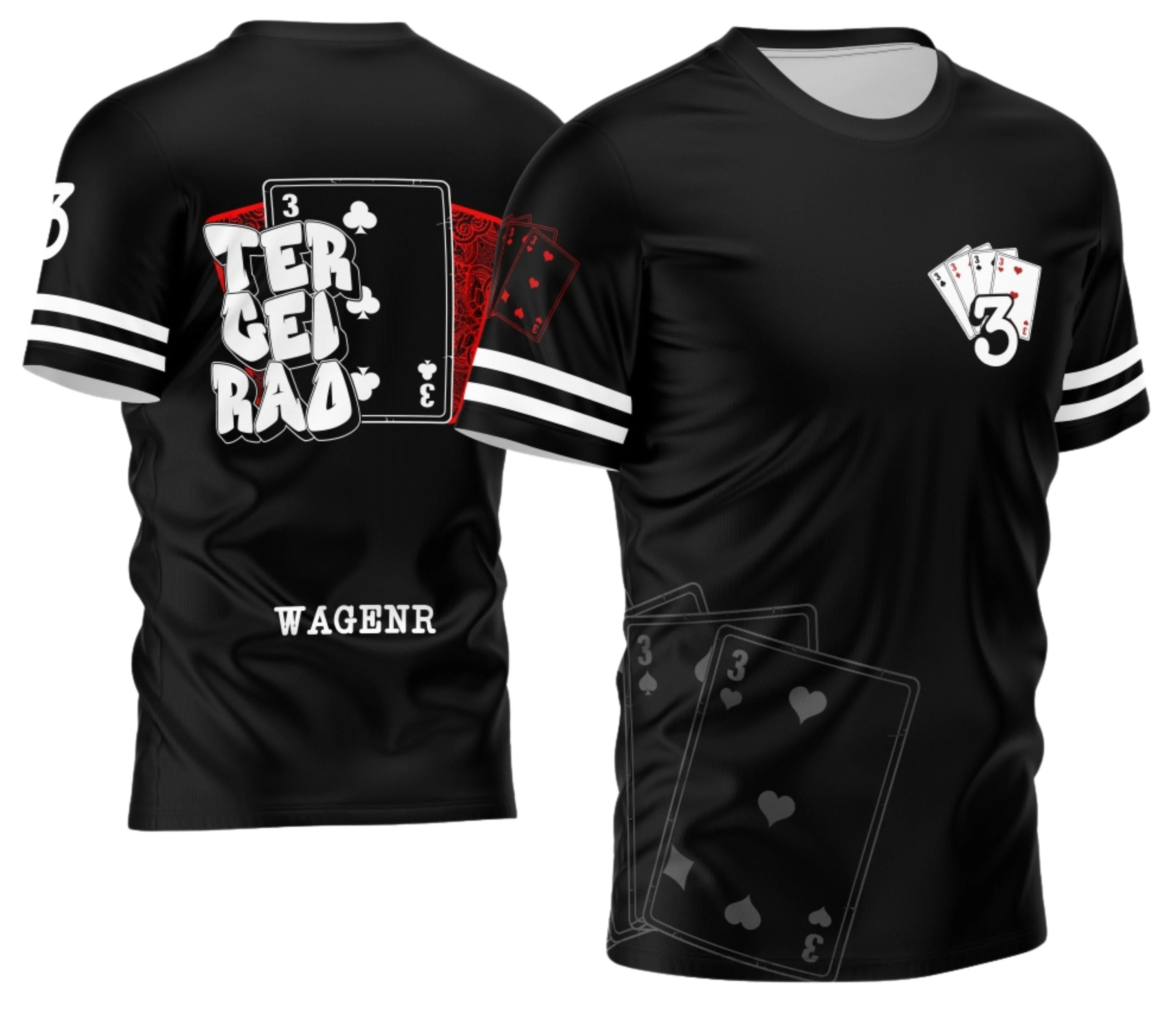 Camisa estilizada do Terceirão com logo no peito e estampa grande nas costas que traz cartas entrelaçadas em design moderno, combinando um visual jovem e descolado para celebrar o momento especial da turma.