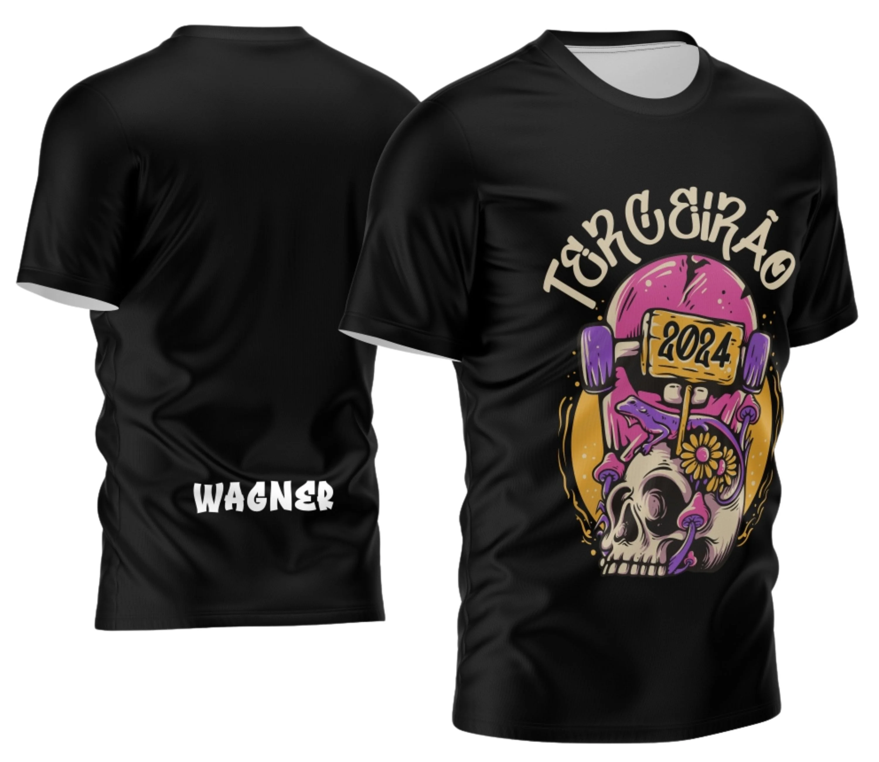 Camiseta unissex preta com logo no peito e estampa grande nas costas com tema Terceirão Estilo Único, visual jovem e moderno, perfeita para estudantes na reta final do ensino médio.