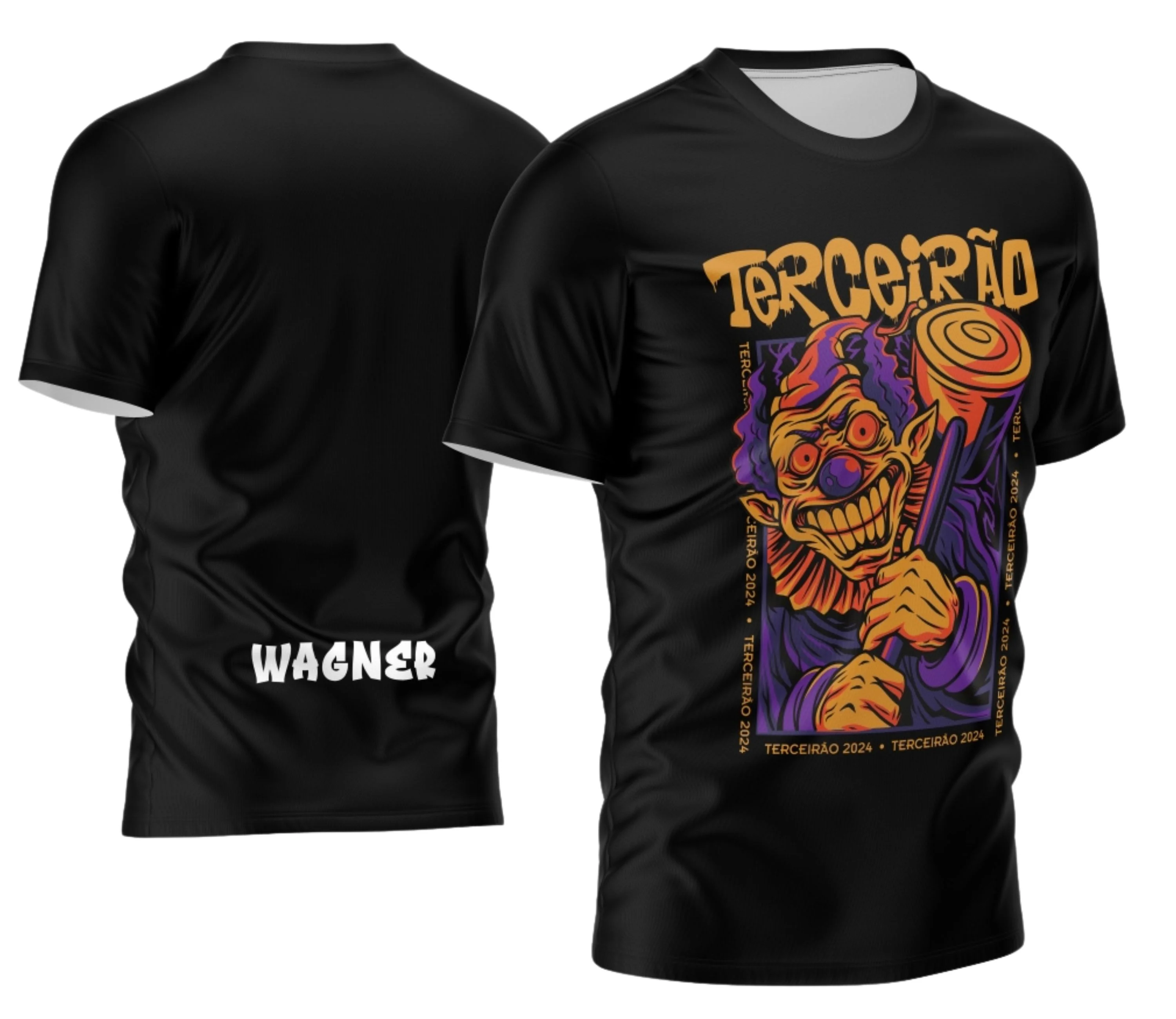 Camiseta unissex preta com logo no peito e estampa grande nas costas, estilo Terceirão Exclusivo, perfeita para homenagear a turma na escola.