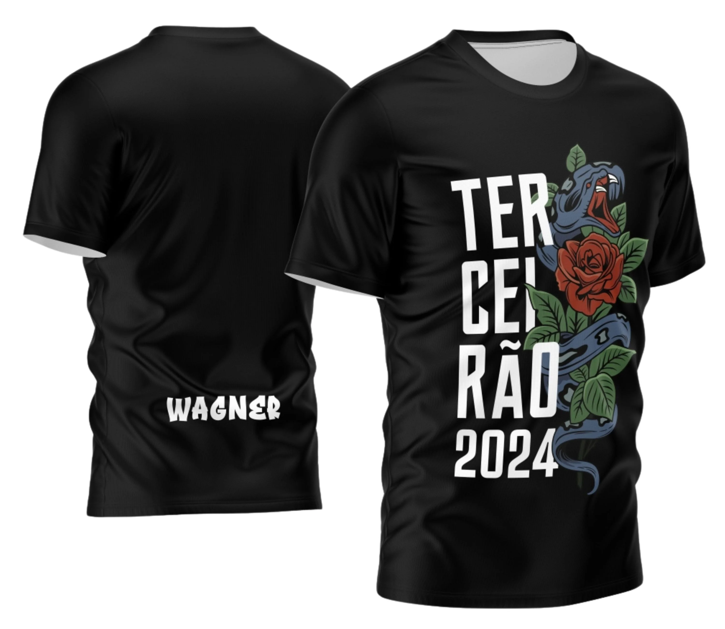 Foto da camisa com logo no peito e estampa grande nas costas, design moderno e vibrante ideal para o Terceirão com estilo único e visual impactante para destacar o grupo em ocasiões especiais.