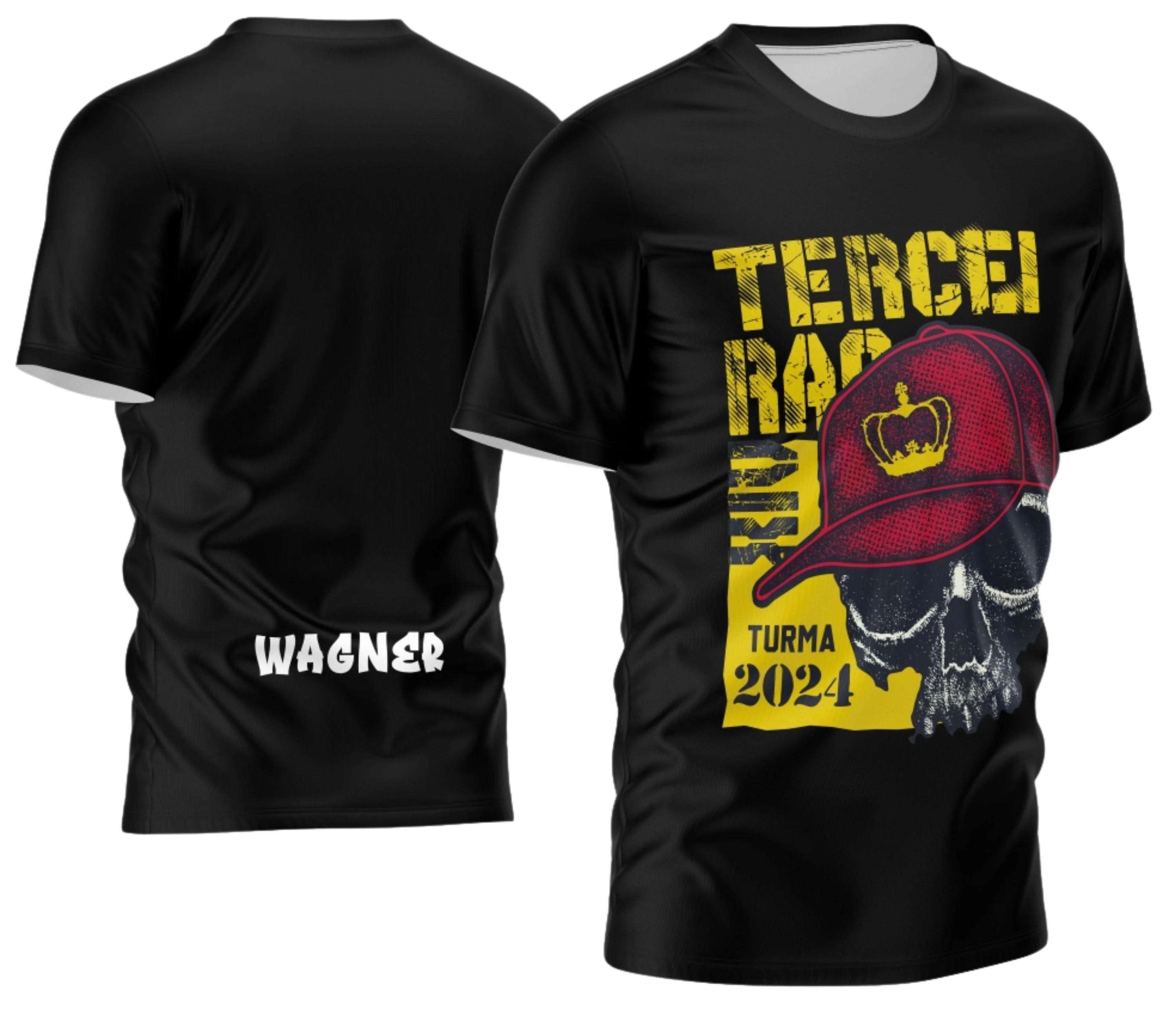 Camiseta unissex preta com logo no peito e estampa grande nas costas inspirada no estilo Terceirão Exclusivo, perfeita para confraternizações e eventos escolares.