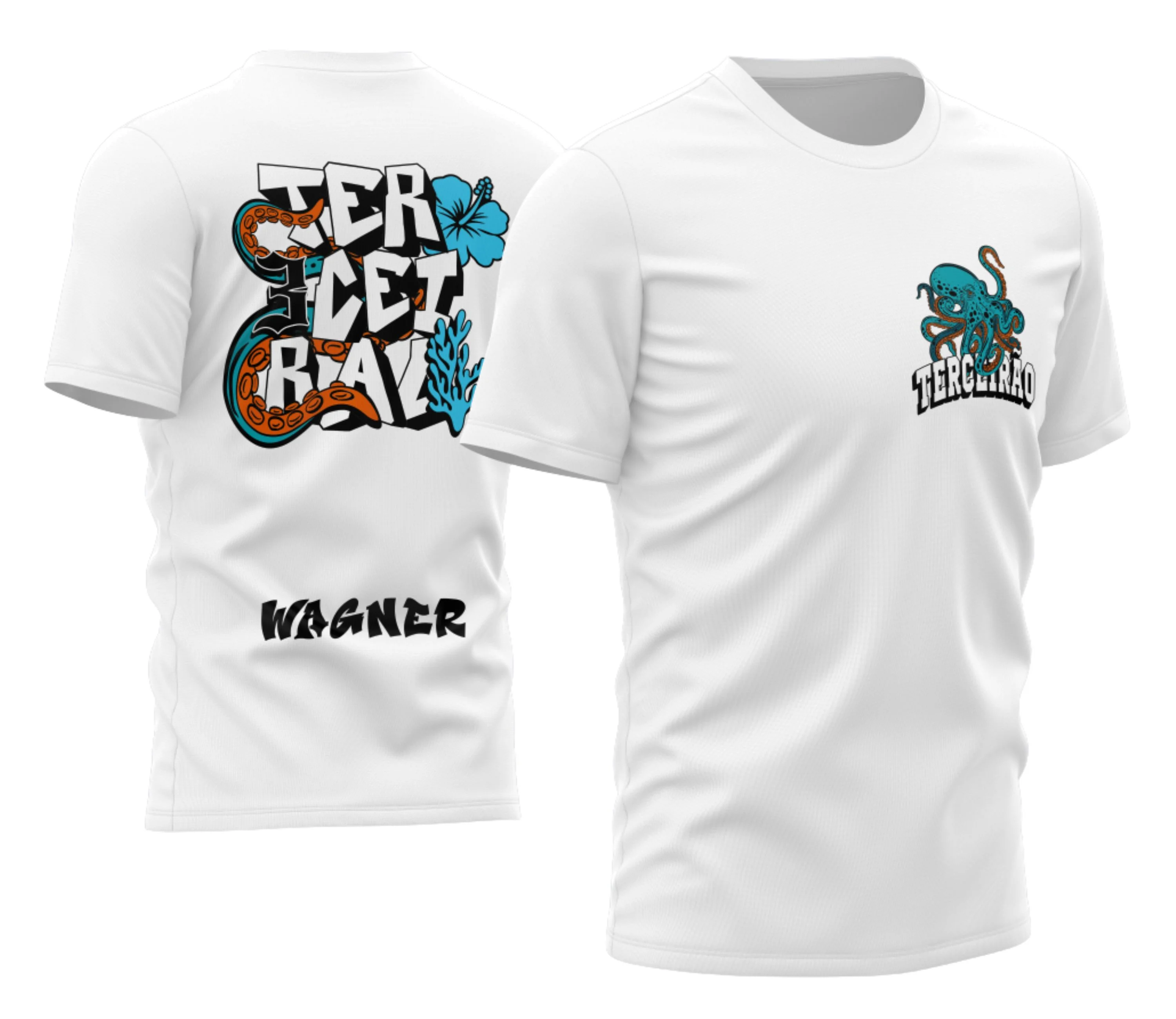 Camisa final com logo no peito e estampa grande nas costas apresentando um design moderno e estilizado de polvo, destacando a identidade do Terceirão 2026 em cores vibrantes e visual impactante.
