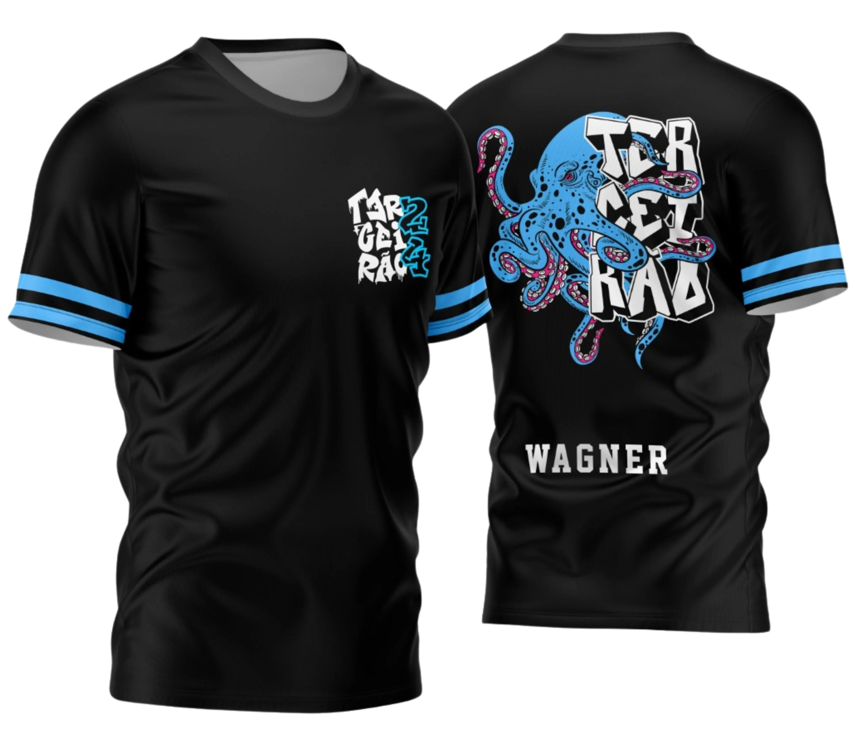 Camisa com logo no peito e estampa grande nas costas ilustrando um polvo estilizado em tons vibrantes, representando a turma do Terceirão 2026 com design moderno e impactante.