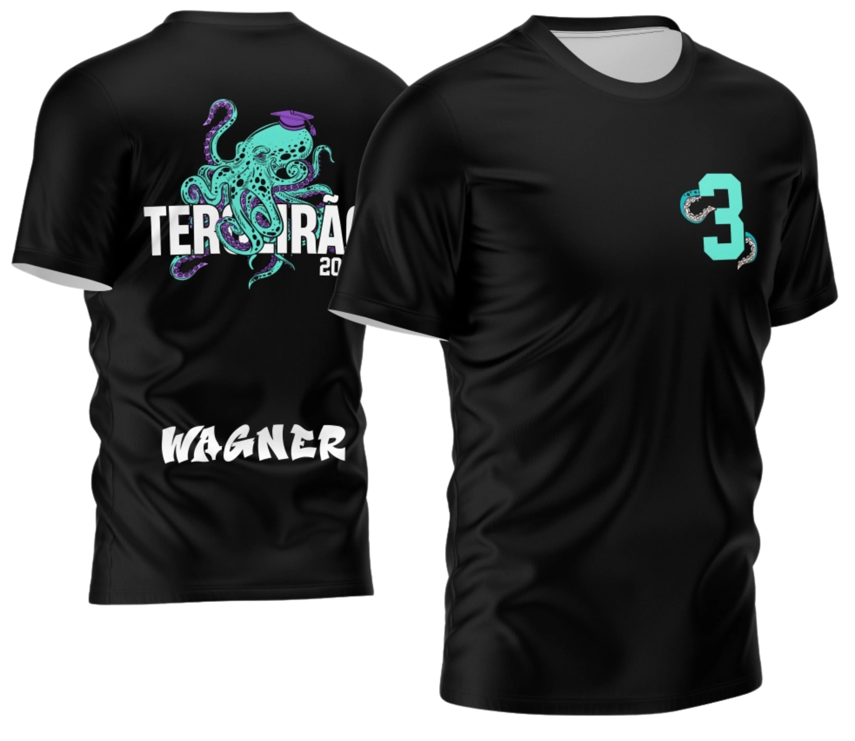 Imagem da camisa Terceirão 2026 com logo no peito e estampa grande nas costas que destaca um polvo estilizado, mostrando detalhes vibrantes e design único para a turma celebrando o Terceirão.
