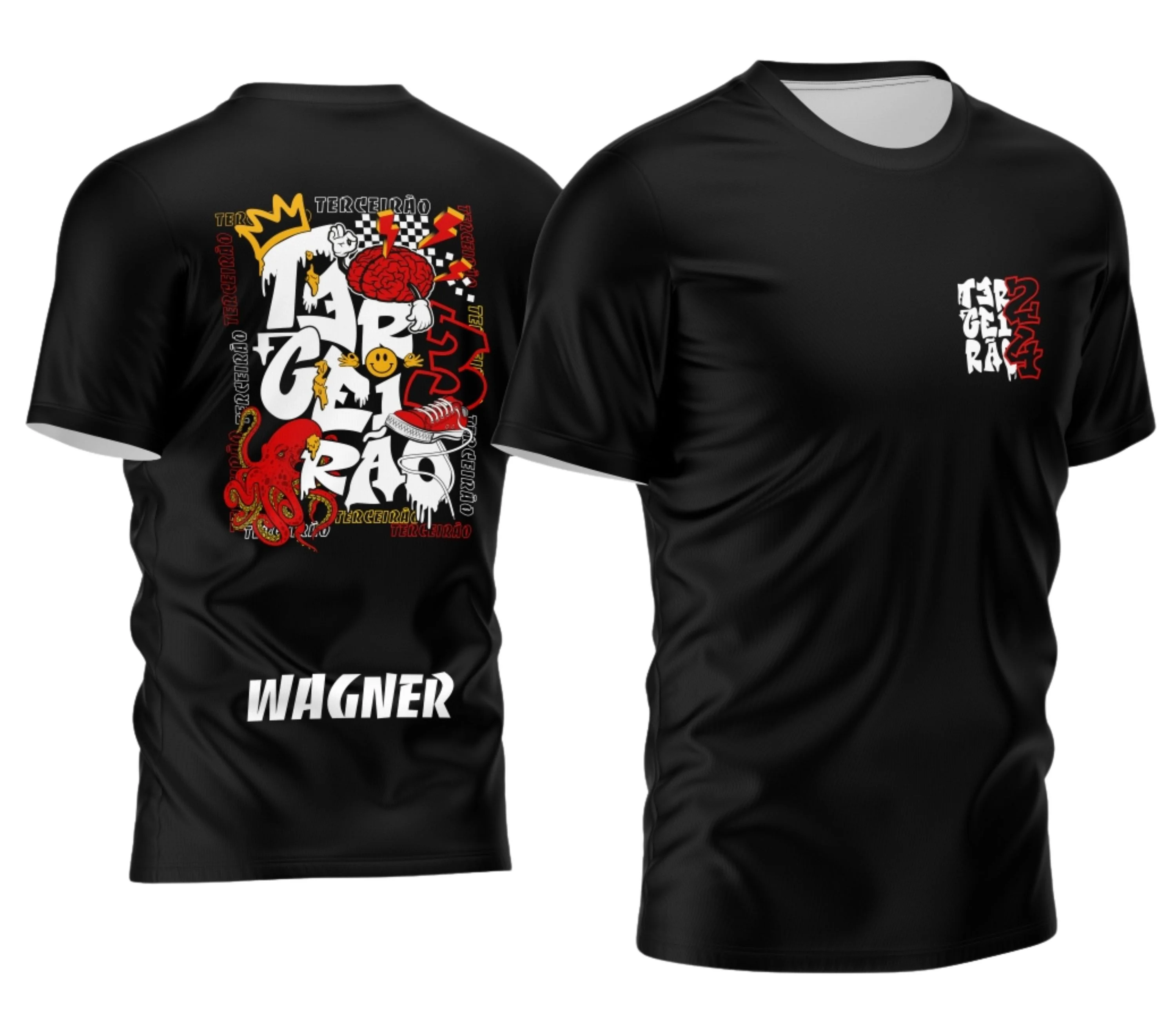 Visual da camisa com logo no peito e uma estampa grande nas costas que destaca um polvo vermelho vibrante, ideal para a turma do Terceirão 2026, transmitindo energia e personalidade.