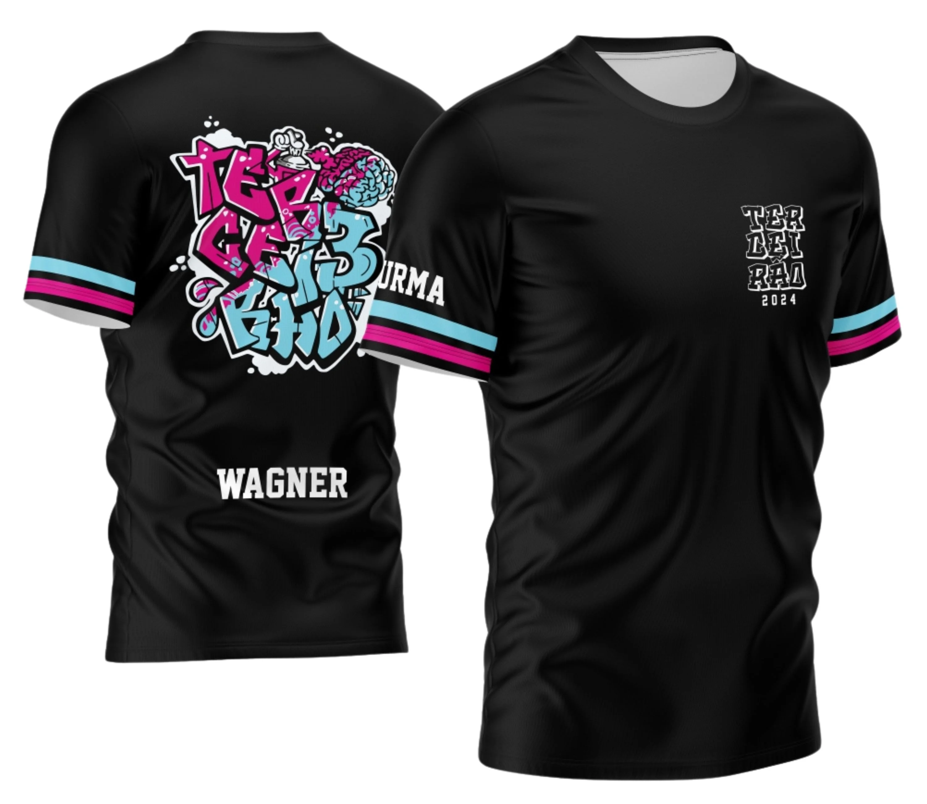 Vista frontal da camisa com logo no peito, destacando a estampa grande nas costas que mistura elementos de spray com o desenho estilizado de um cérebro, ideal para o Terceirão 2026.