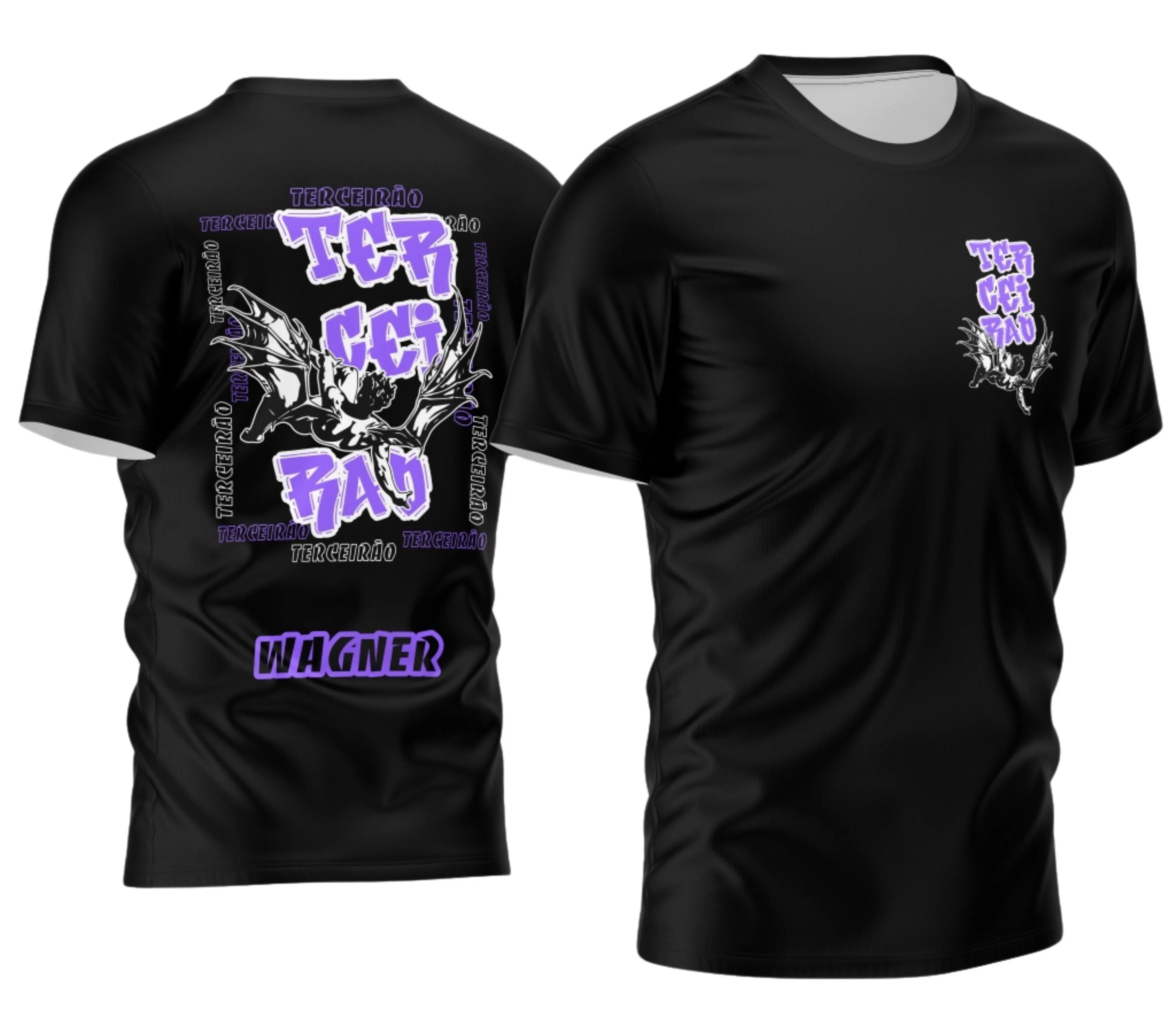 Camisa Terceirão 2026 com logo no peito discreto e estampa grande nas costas exibindo a arte do Anjo Caindo com cores vibrantes e detalhes marcantes, ideal para celebrar o ano da turma com estilo moderno e impactante.