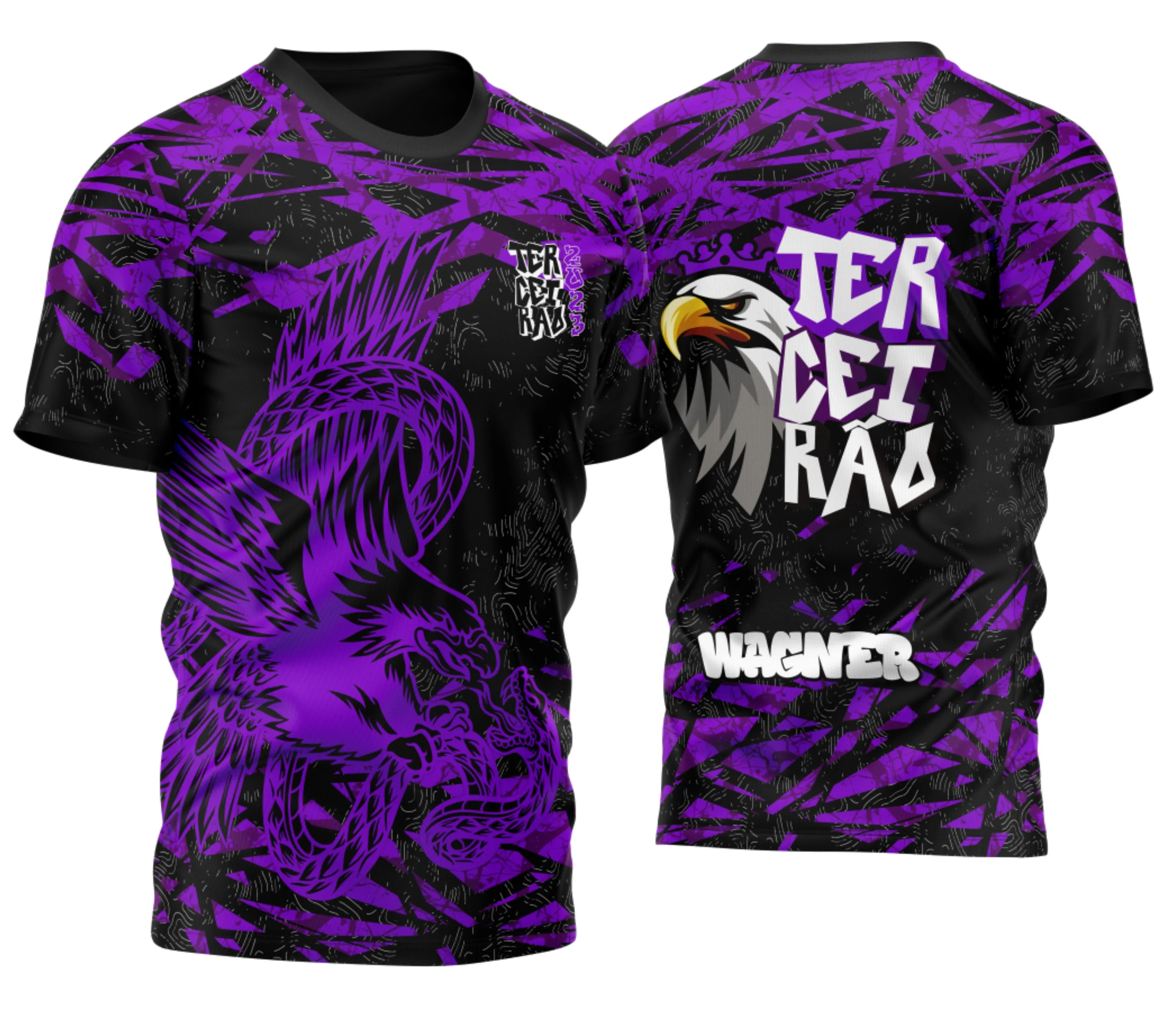Camisa preta com detalhes em roxo e azul, logo no peito visível e estampa grande nas costas com design imponente e cores vibrantes, ideal para comemorar o Terceirão 2026 com estilo marcante.