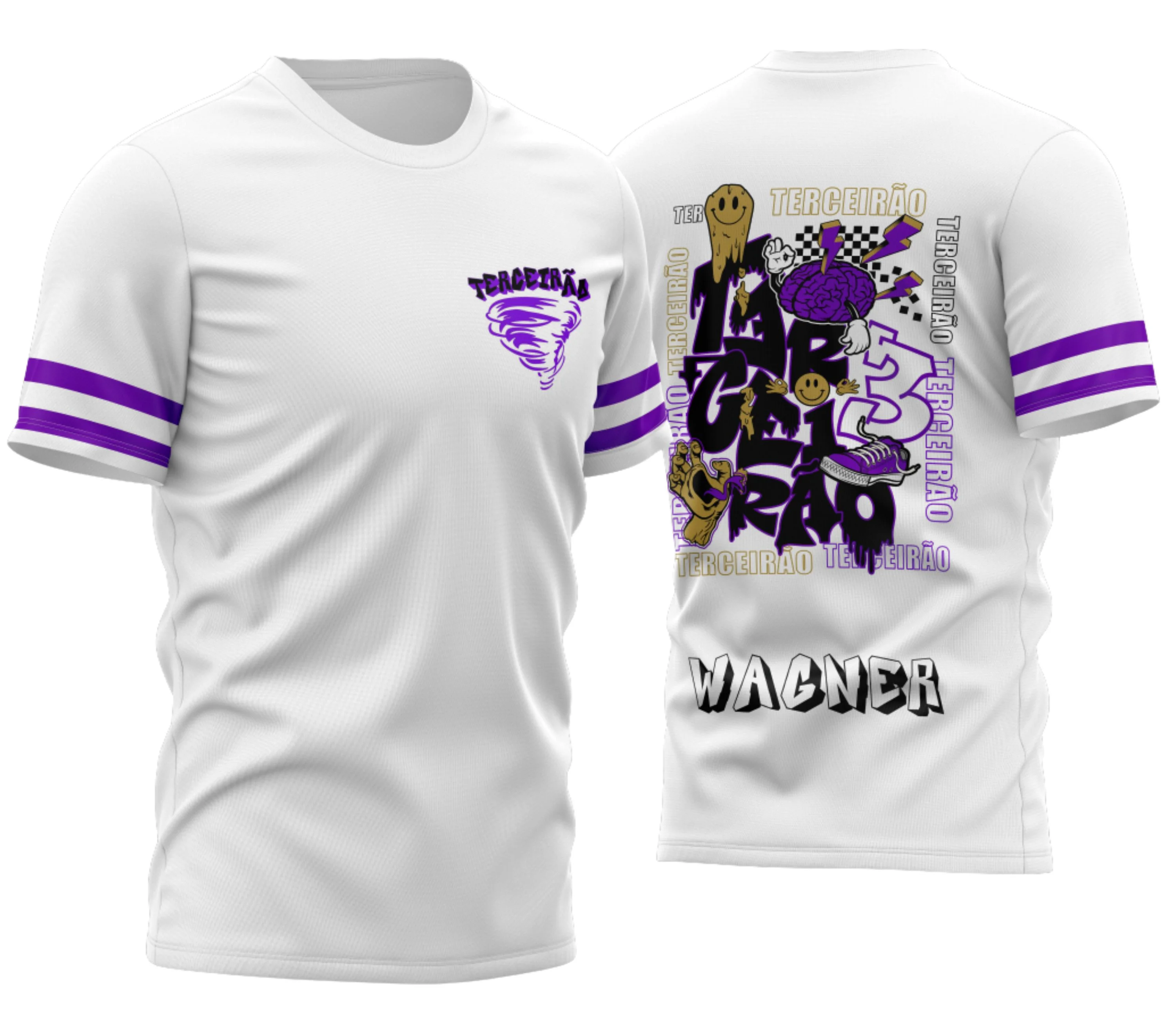 Foto de uma camisa branca para Terceirão com logo no peito elegante e uma estampa grande nas costas que destaca a identidade da turma com estilo moderno e visual impactante.